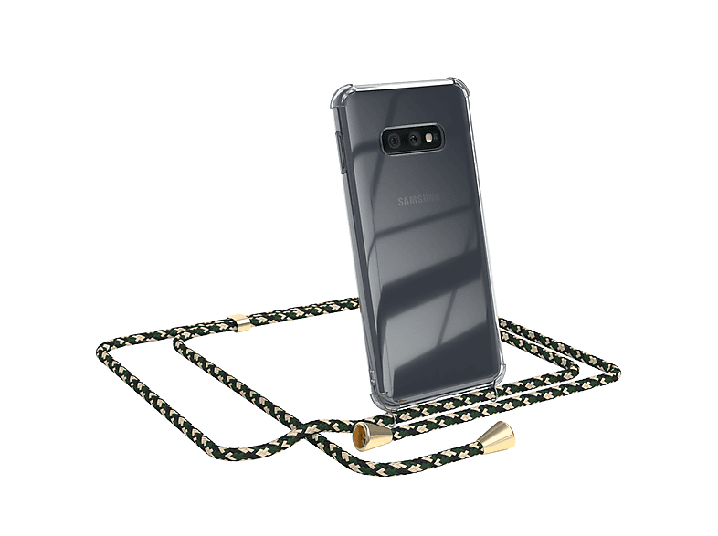 EAZY CASE Clear Cover mit Umhängeband, Umhängetasche, Samsung, Galaxy S10e, Grün Camouflage / Clips Gold | Handyketten