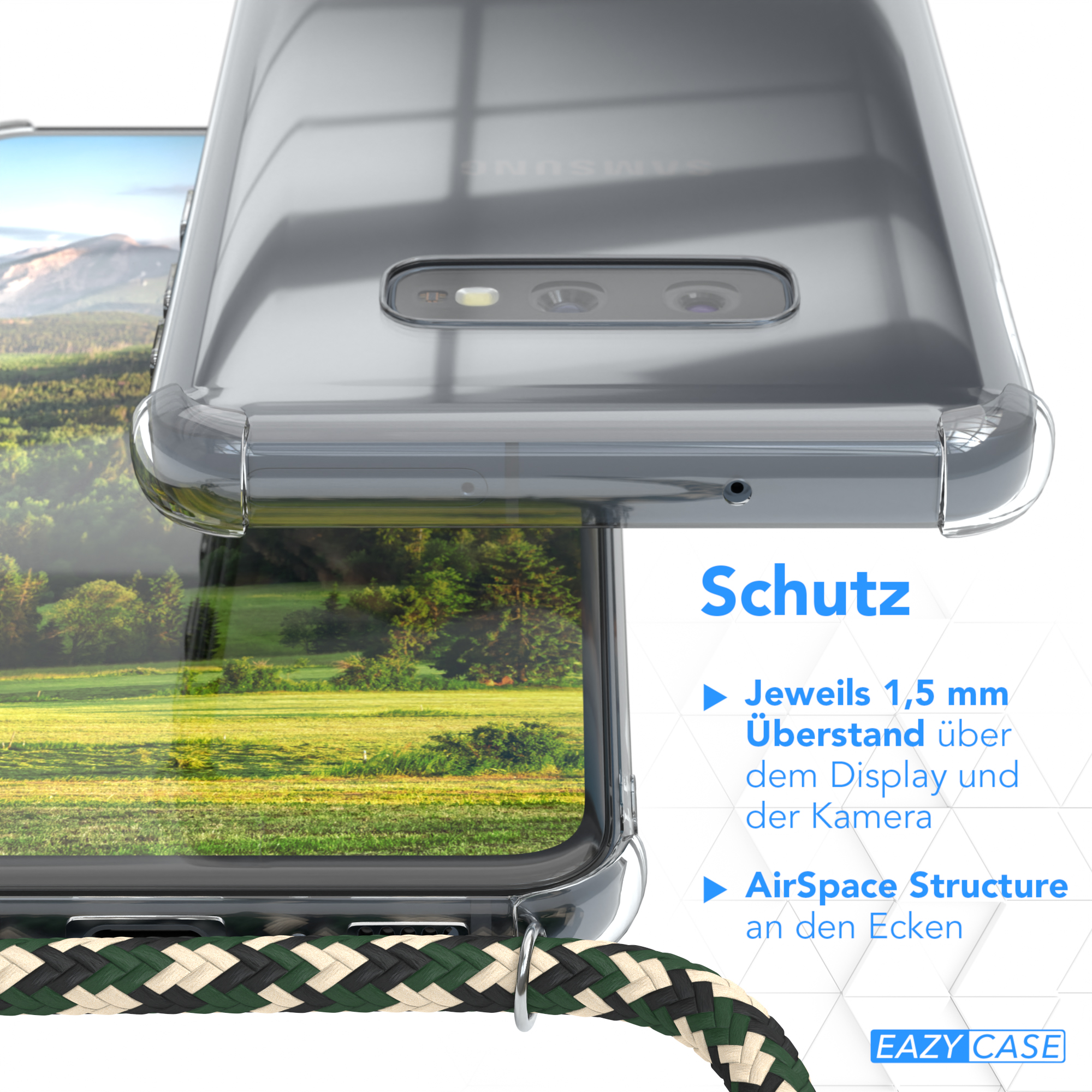 Nahaufnahme einer Handyhülle. Das Telefon ist darin. Die Hülle ist transparent mit grünem/schwarzem Band.
