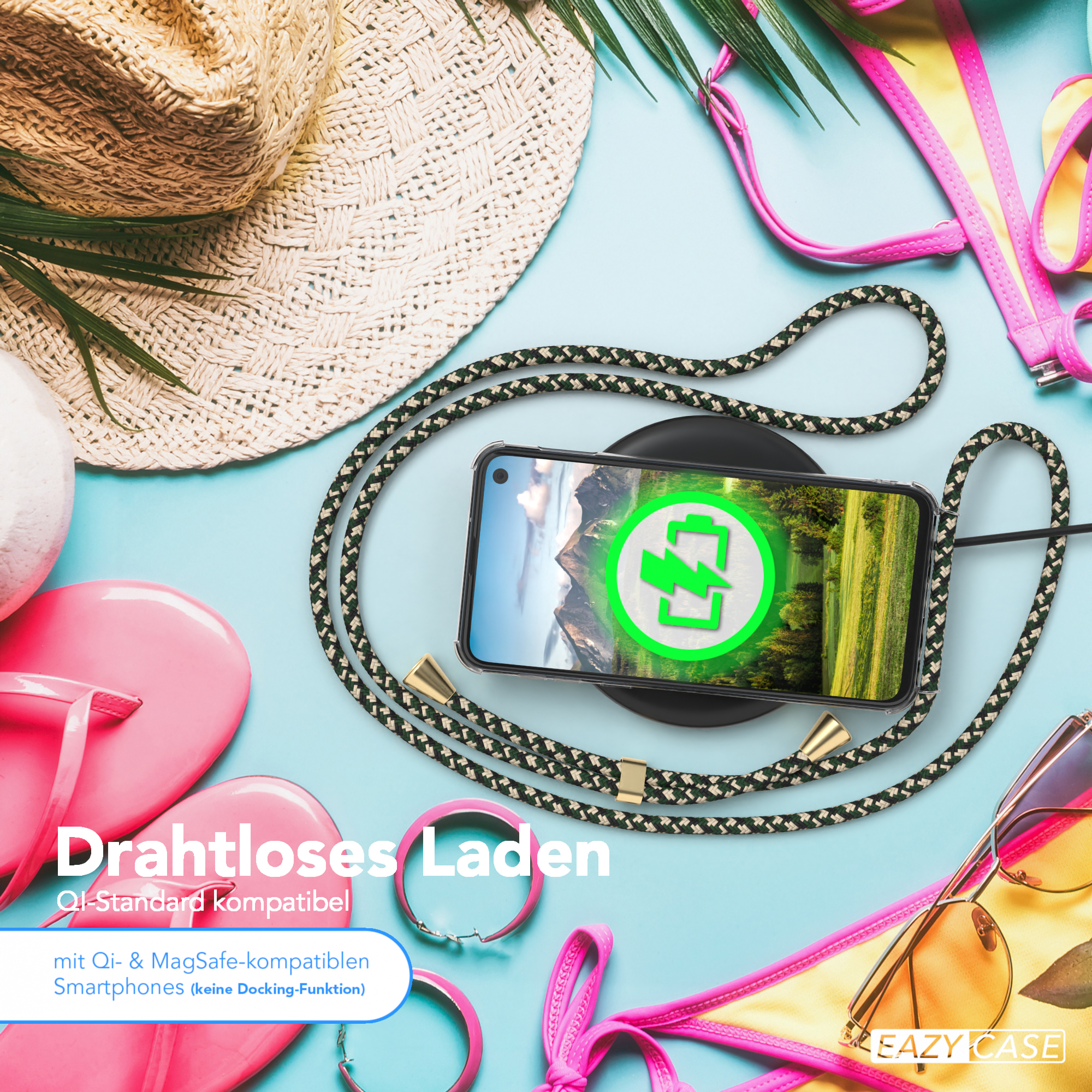 Telefon auf Ladepad. Strandaccessoires und Telefonband.