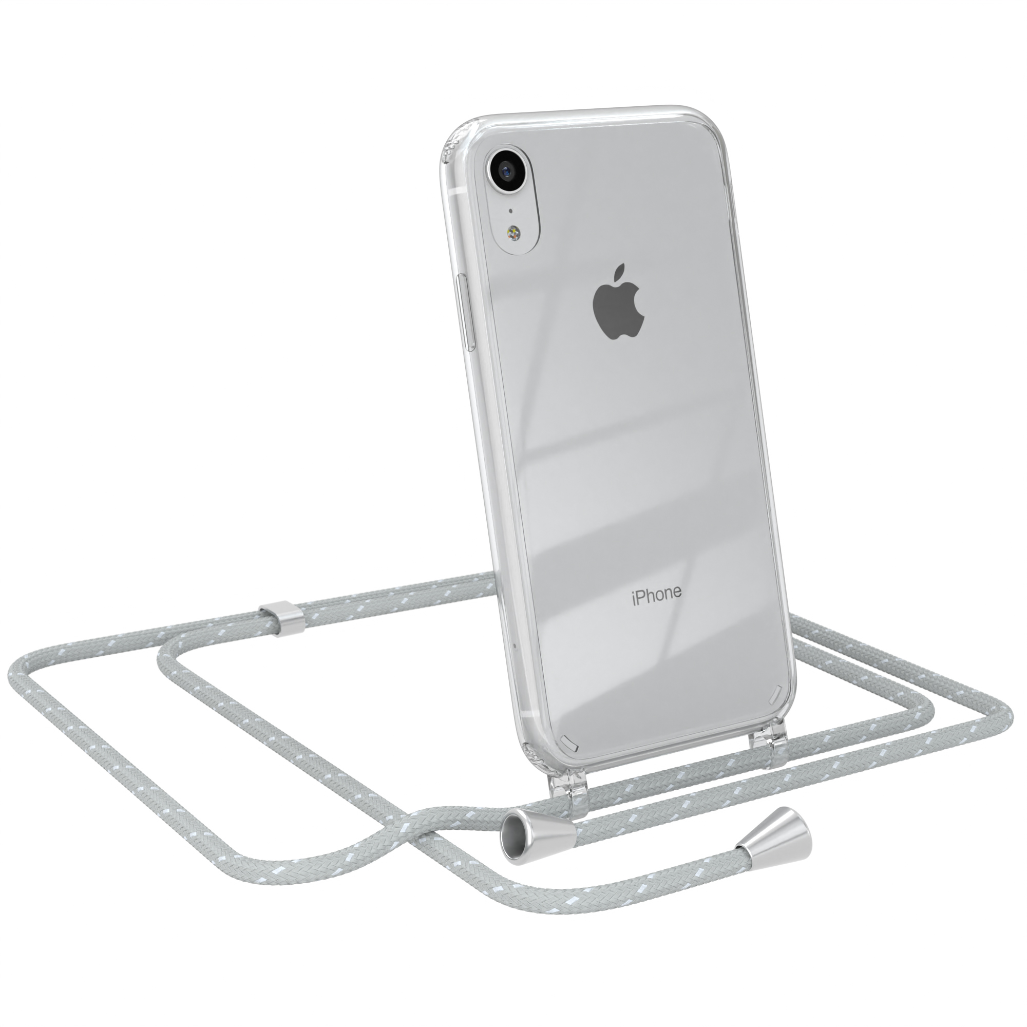 Transparente Handyhülle mit grauem Kabel. Ein Apple iPhone befindet sich in der Hülle. Telefon ist abgewinkelt.
