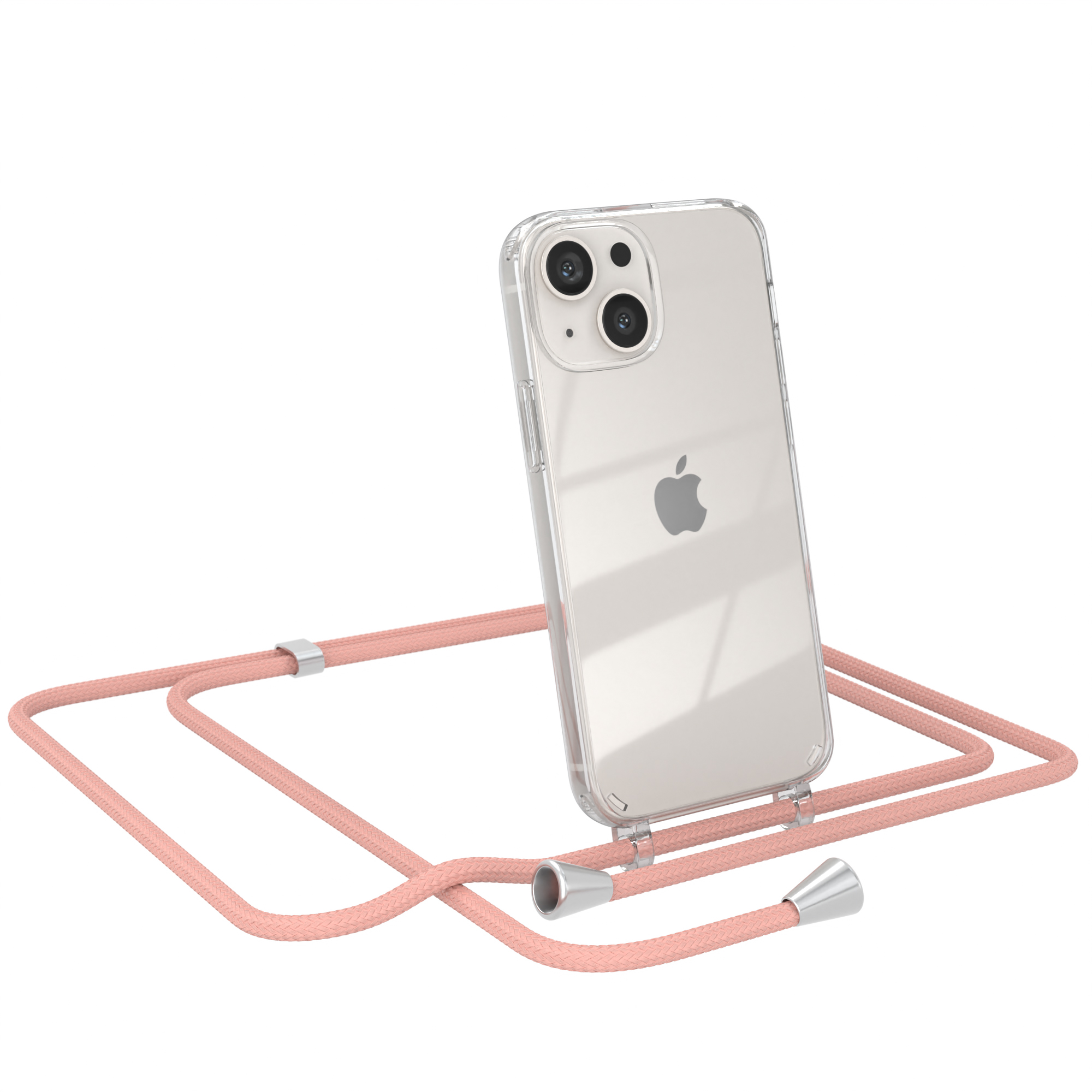 Transparente iPhone-Hülle mit rosa Kordel. Apple-Logo. Weißer Hintergrund.