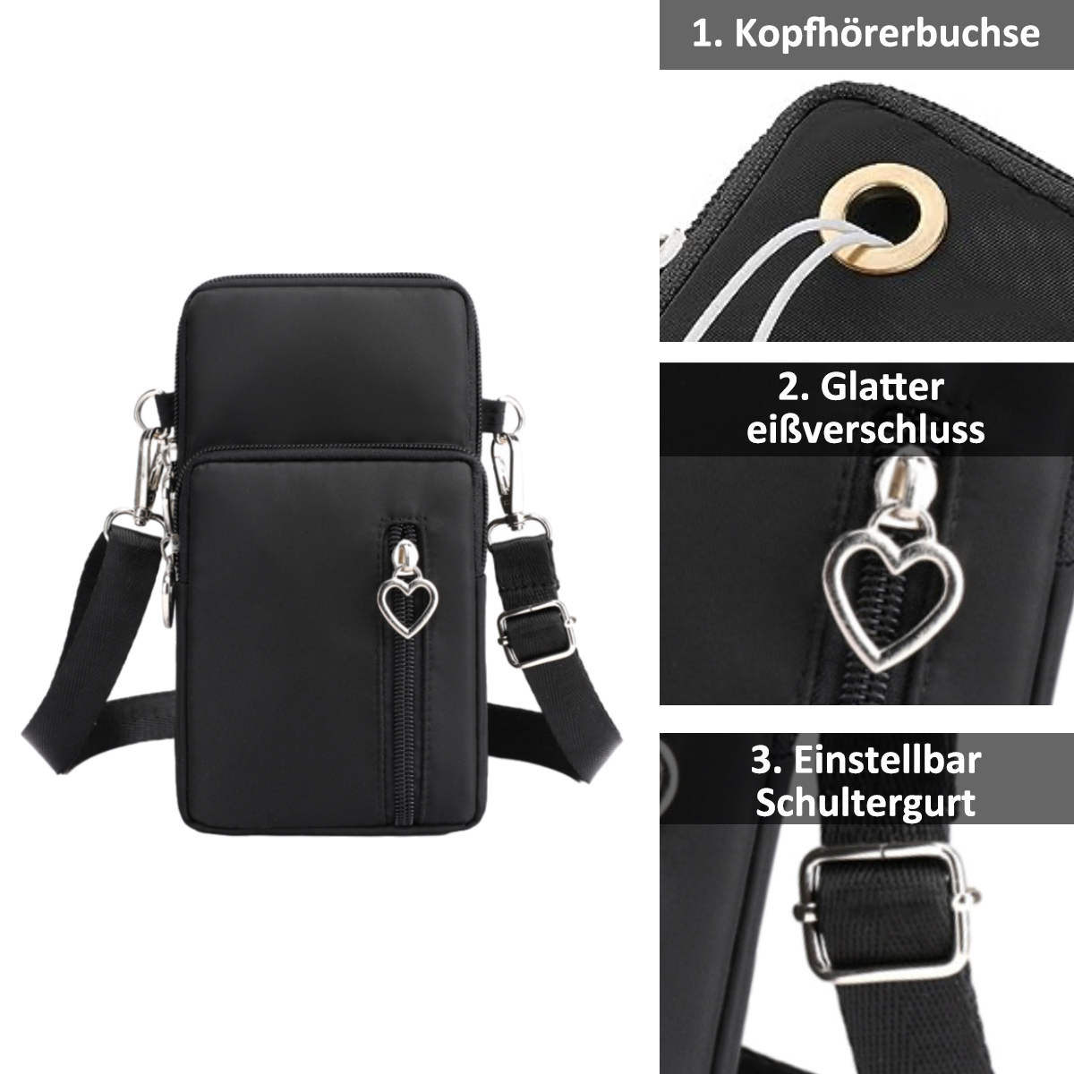 Schwarze Tasche mit Herz-Reißverschluss. Details zu Kopfhöreranschluss, Reißverschluss und verstellbarem Gurt.