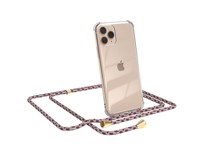 EAZY CASE Clear Cover mit Umhängeband, Umhängetasche, Apple, iPhone 11 Pro, Rot Beige Camouflage / Clips Gold
