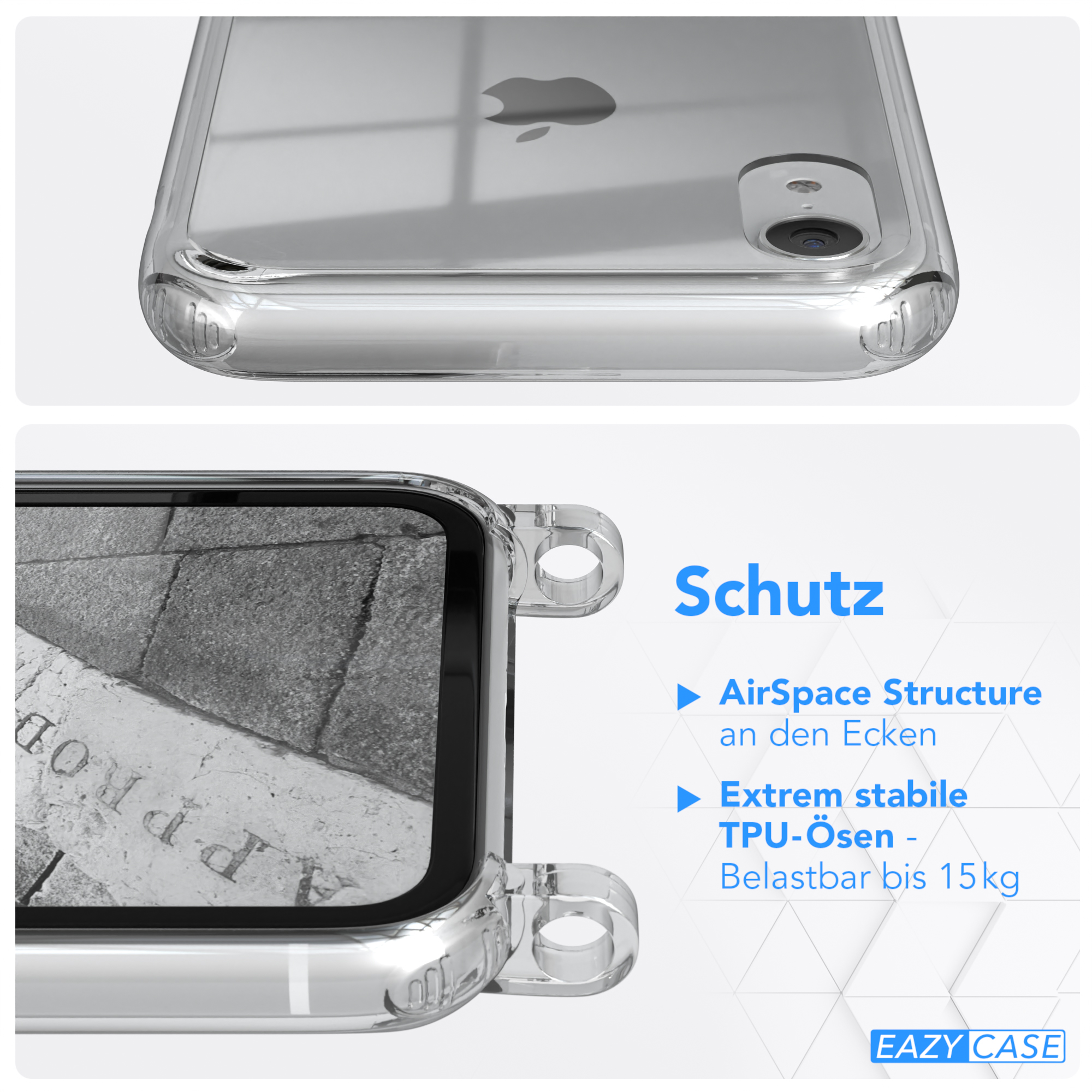 Nahaufnahme einer transparenten Handyhülle, die ein Telefon schützt. Merkmale: AirSpace-Struktur und TPU-Ösen.
