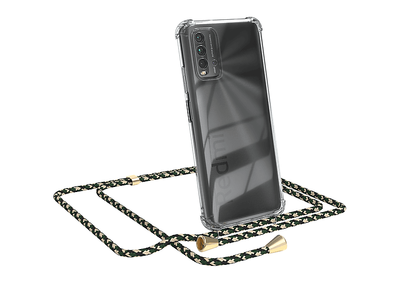 EAZY CASE Clear Cover mit Umhängeband, Umhängetasche, Xiaomi, Redmi 9T, Grün Camouflage / Clips Gold