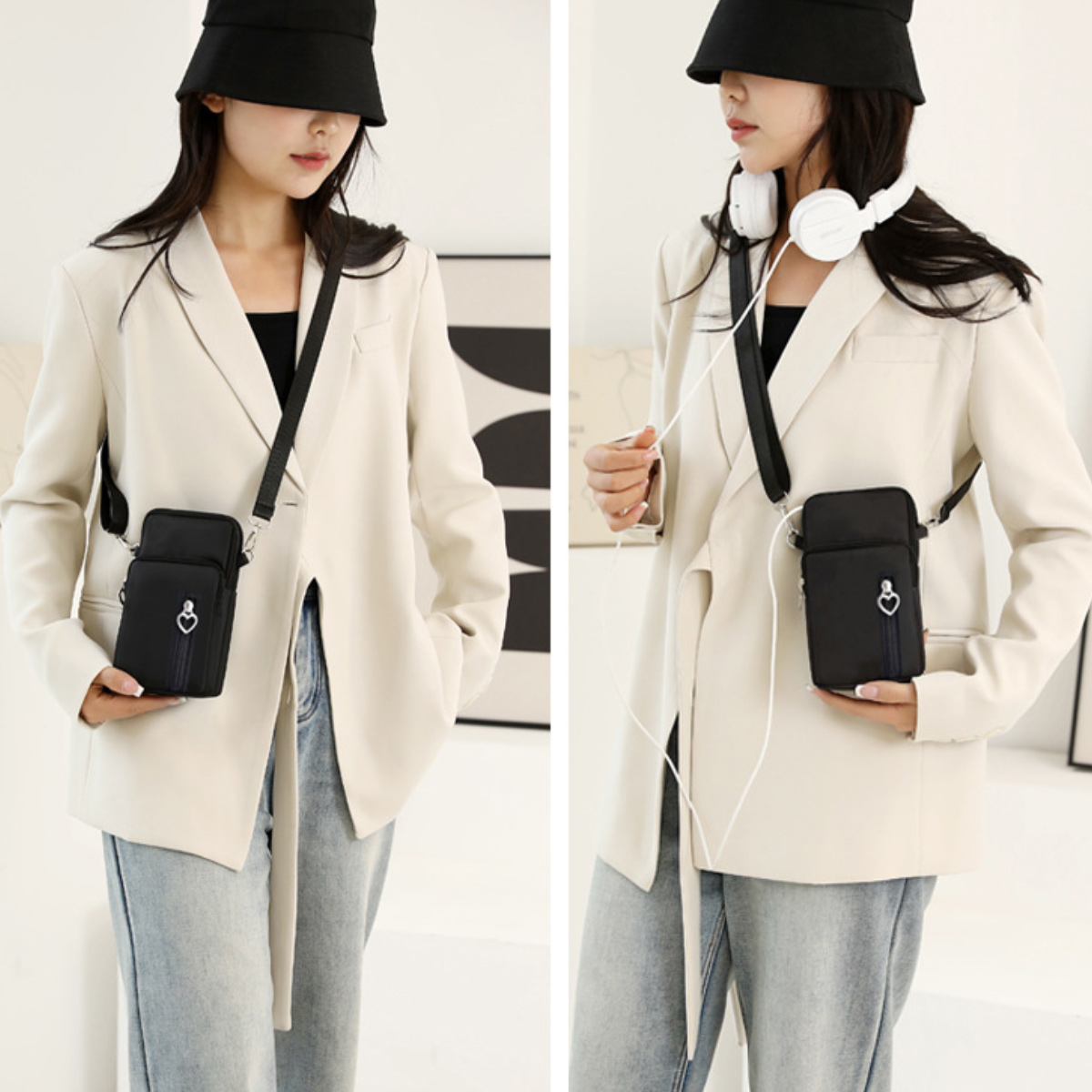 Zwei Frauen mit schwarzen Handyhüllen, eine mit Kopfhörern, vor beigem Blazer.