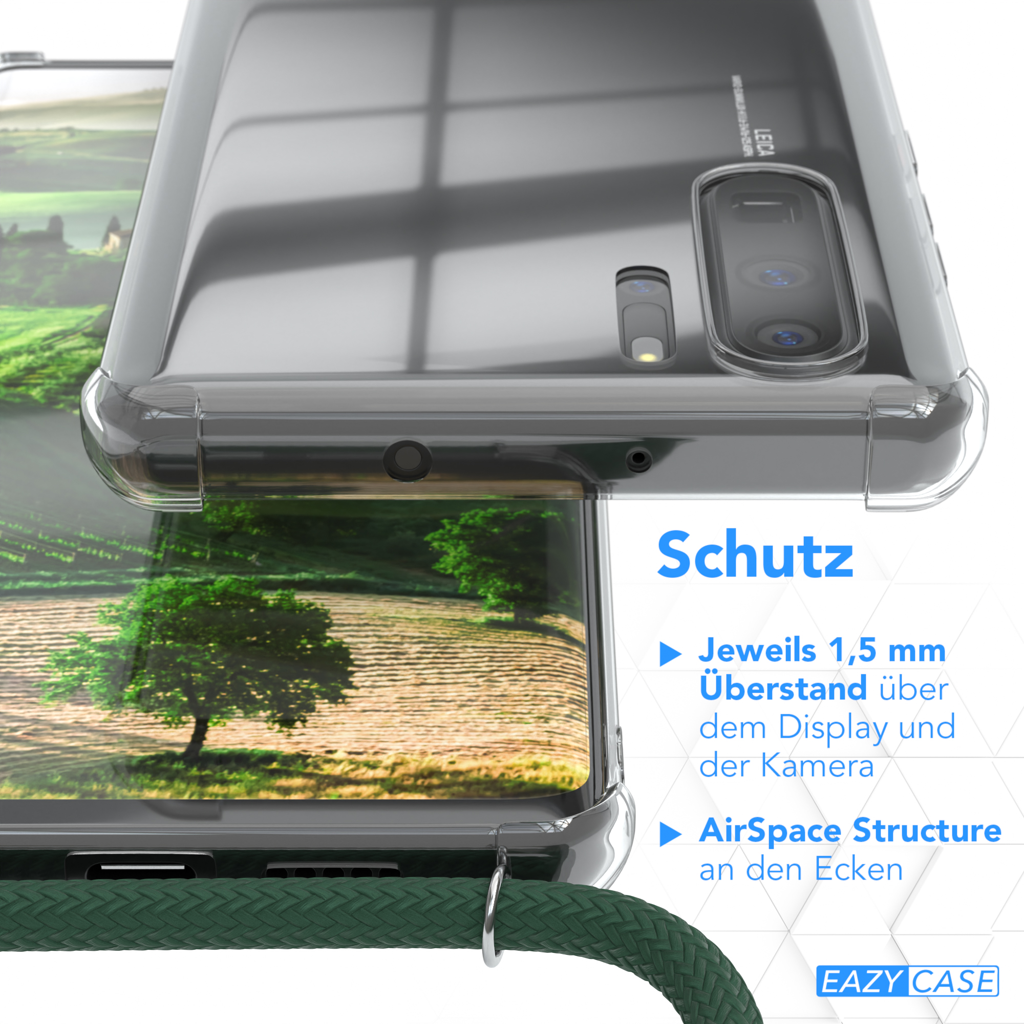 EAZY CASE Clear Huawei, Umhängetasche, Clips Grün mit Gold / P30 Cover Umhängeband, Pro