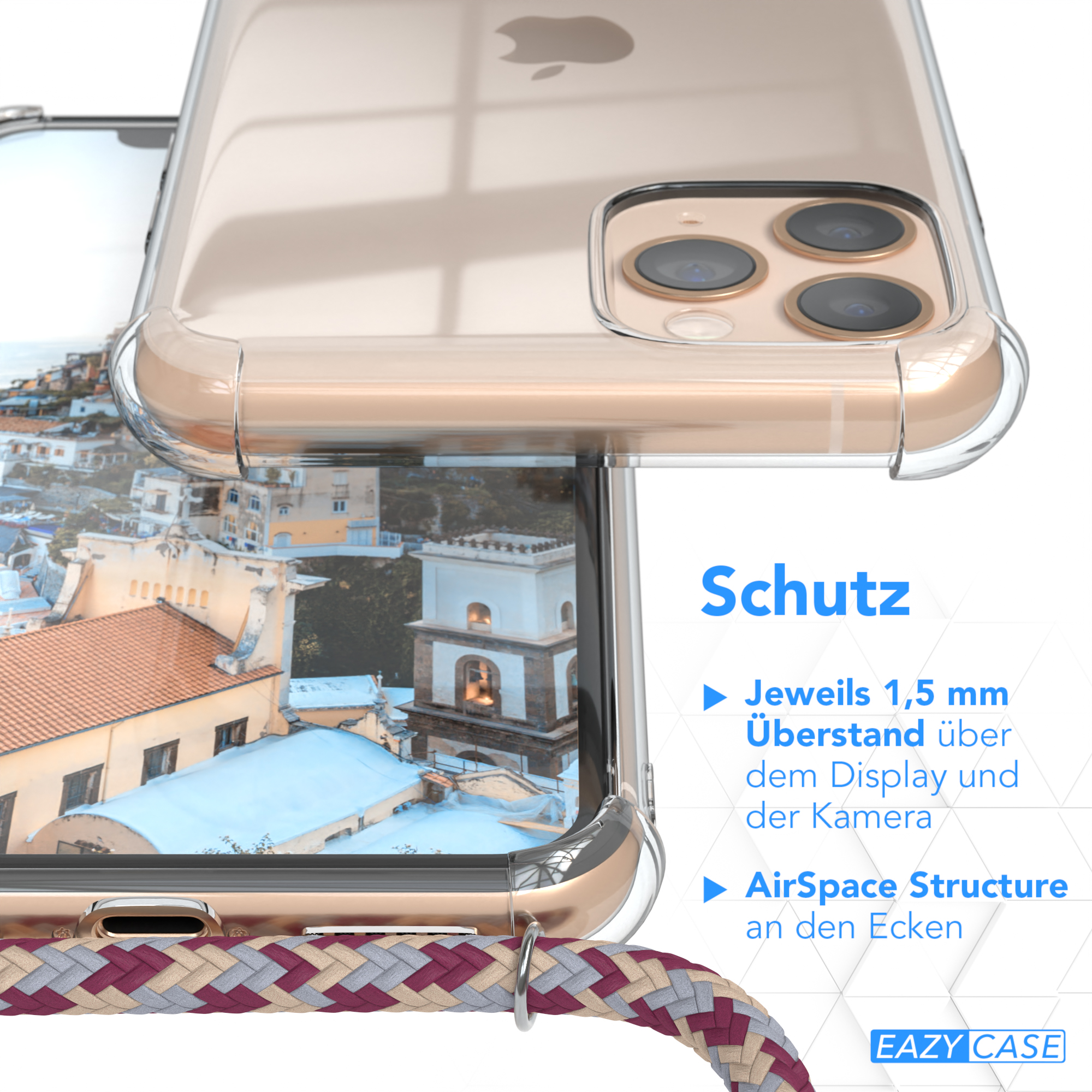 EAZY CASE Umhängeband, iPhone Clips Rot Umhängetasche, 11 Apple, Camouflage mit Cover Pro, Beige Gold Clear 