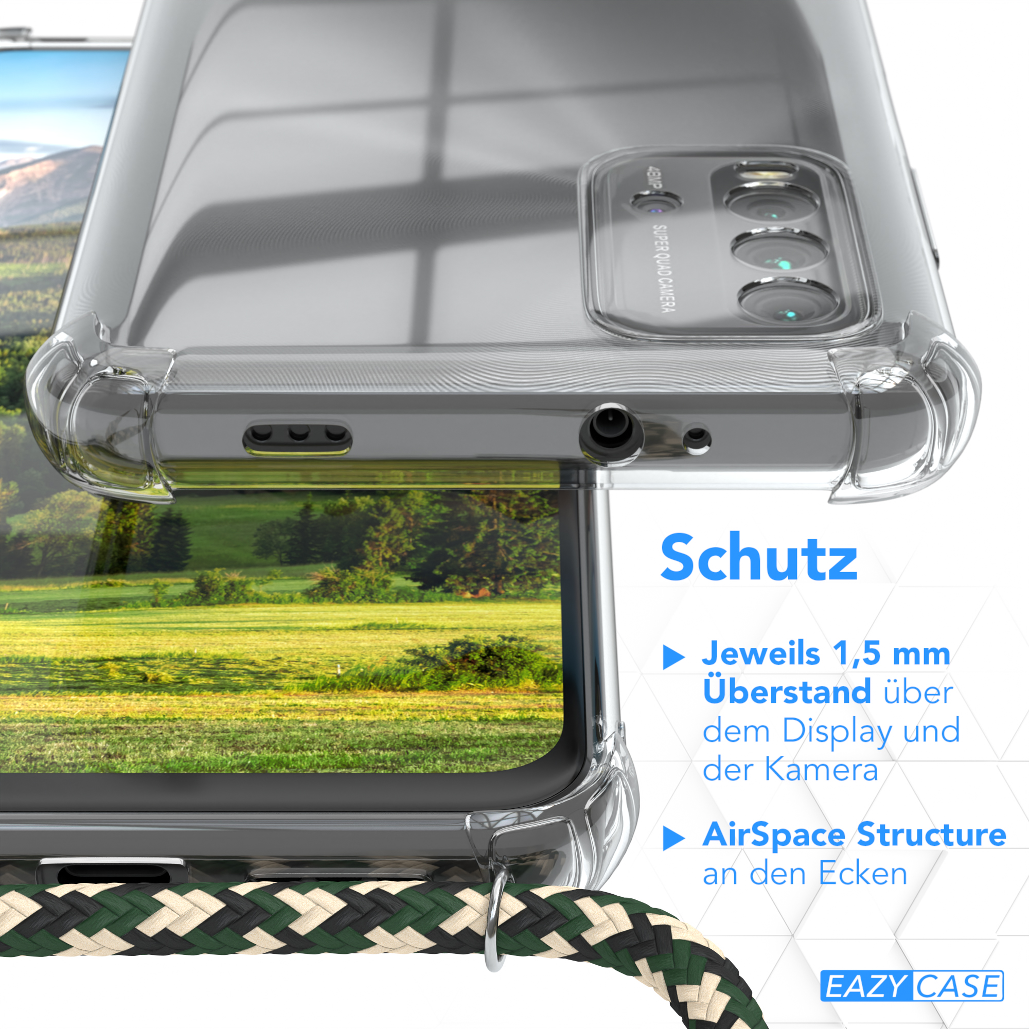 Transparente Handyhülle, Text und AirSpace Structure. Grüne Landschaft im Hintergrund. Nahaufnahme.