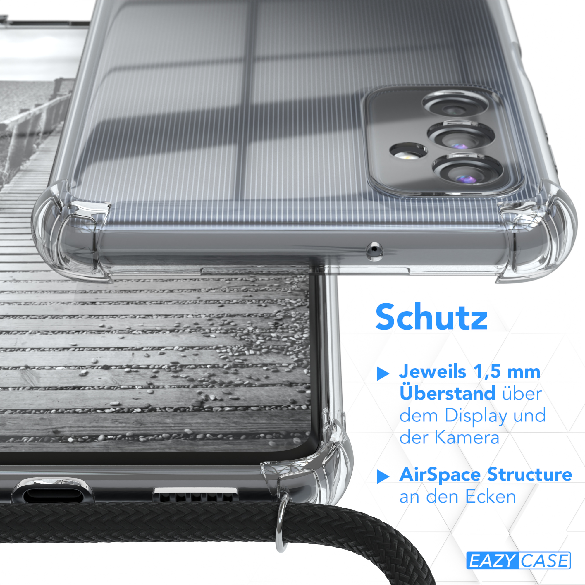Nahaufnahme einer Handyhülle mit Telefon darin. Text sagt 'Schutz' und zeigt Schutzfunktionen.