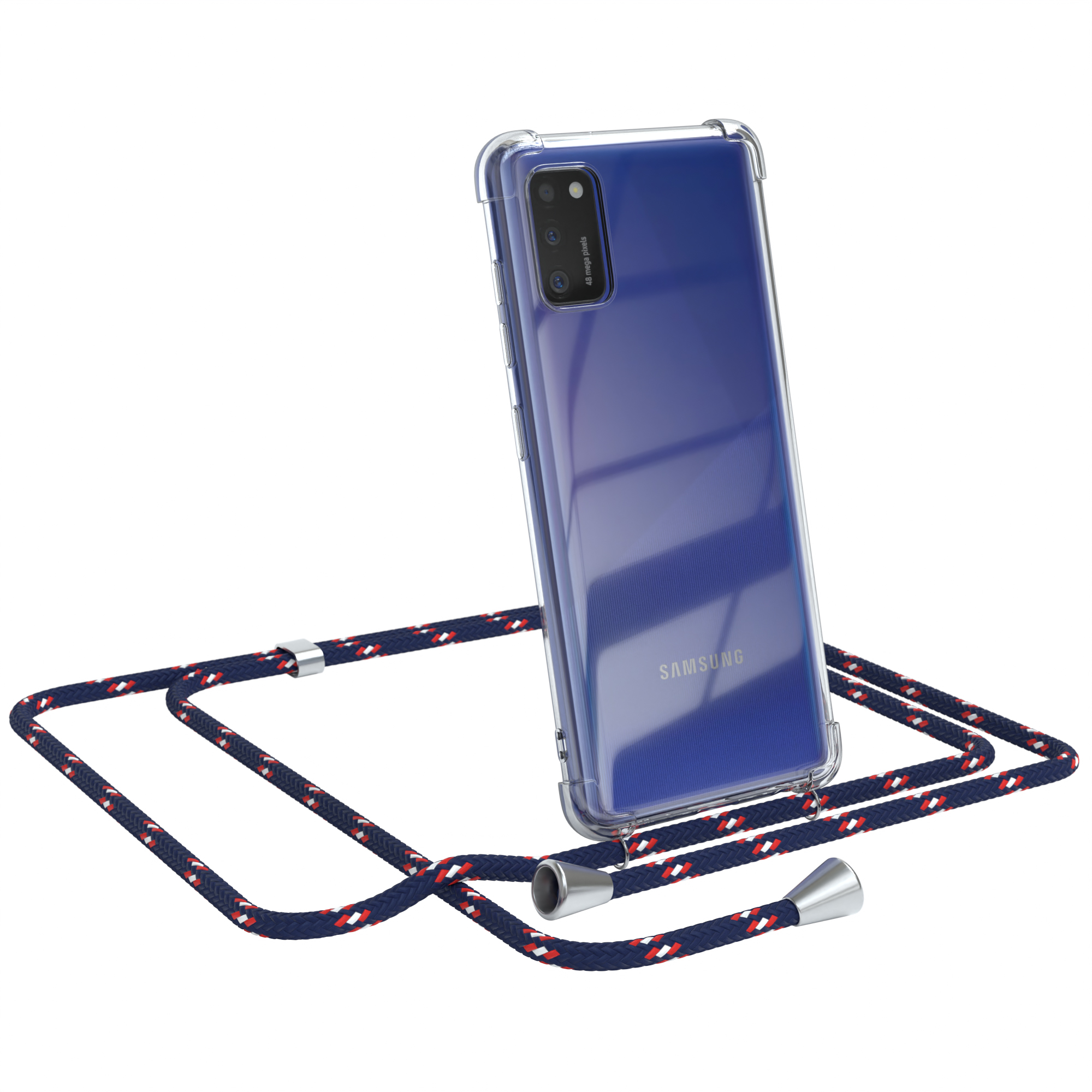 Klares Samsung-Telefon mit blau-rotem Lanyard. Silberne Akzente. Weißer Hintergrund.