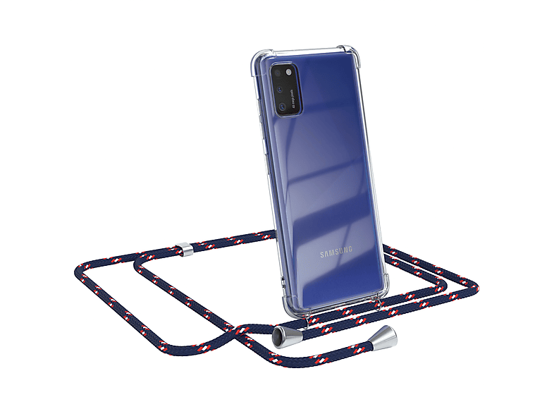EAZY CASE Clear Cover mit Umhängeband, Umhängetasche, Samsung, Galaxy A41, Blau Camouflage / Clips Silber