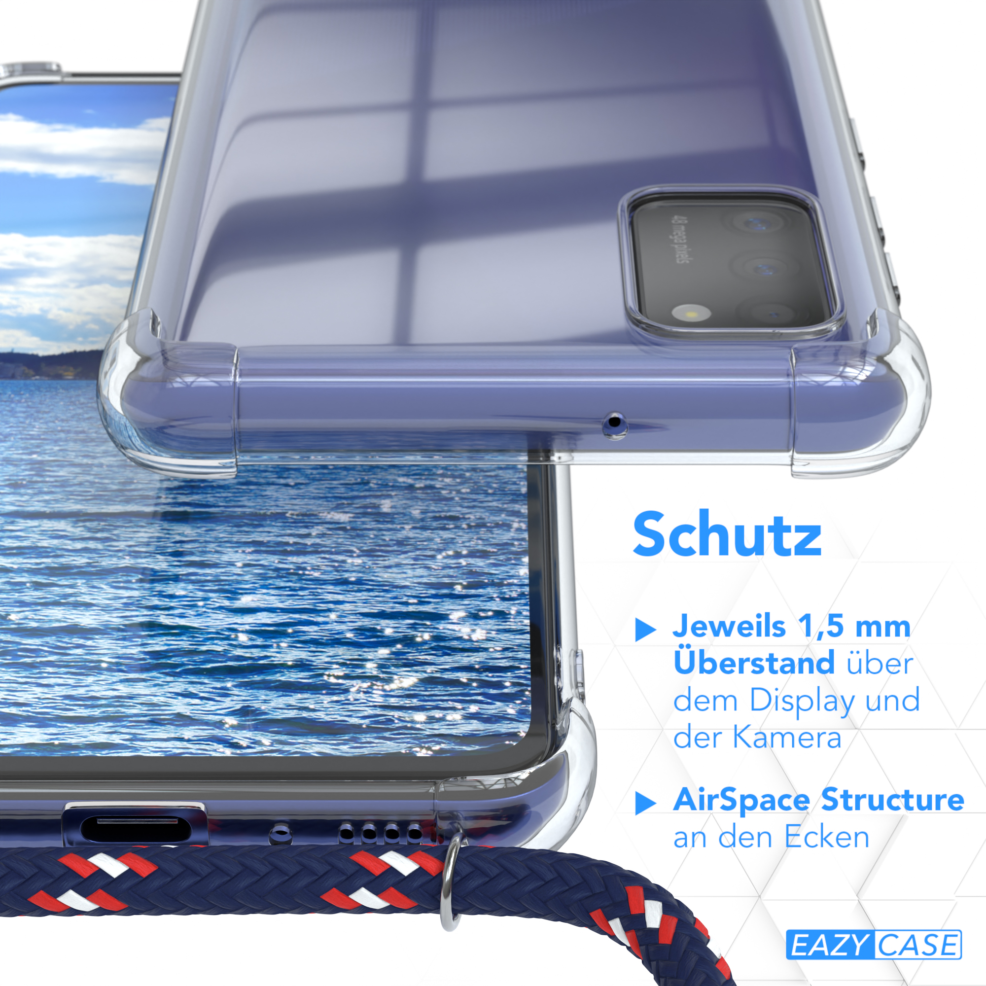 Transparente Handyhülle auf Wasserhintergrund. Blaues, rotes und weißes Kabel befestigt.