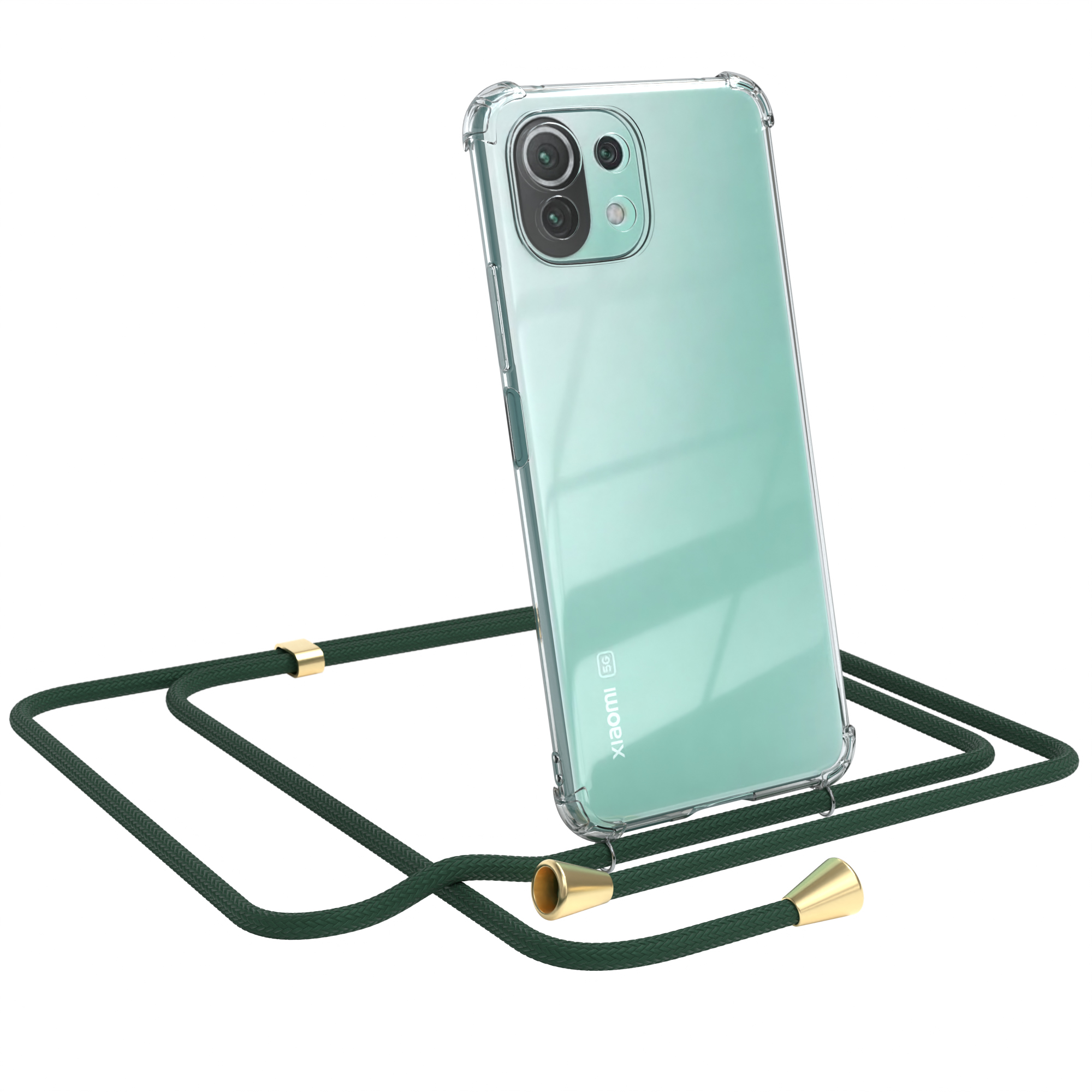 Klares Xiaomi-Telefon mit grünem Lanyard. Goldakzente. Weißer Hintergrund.