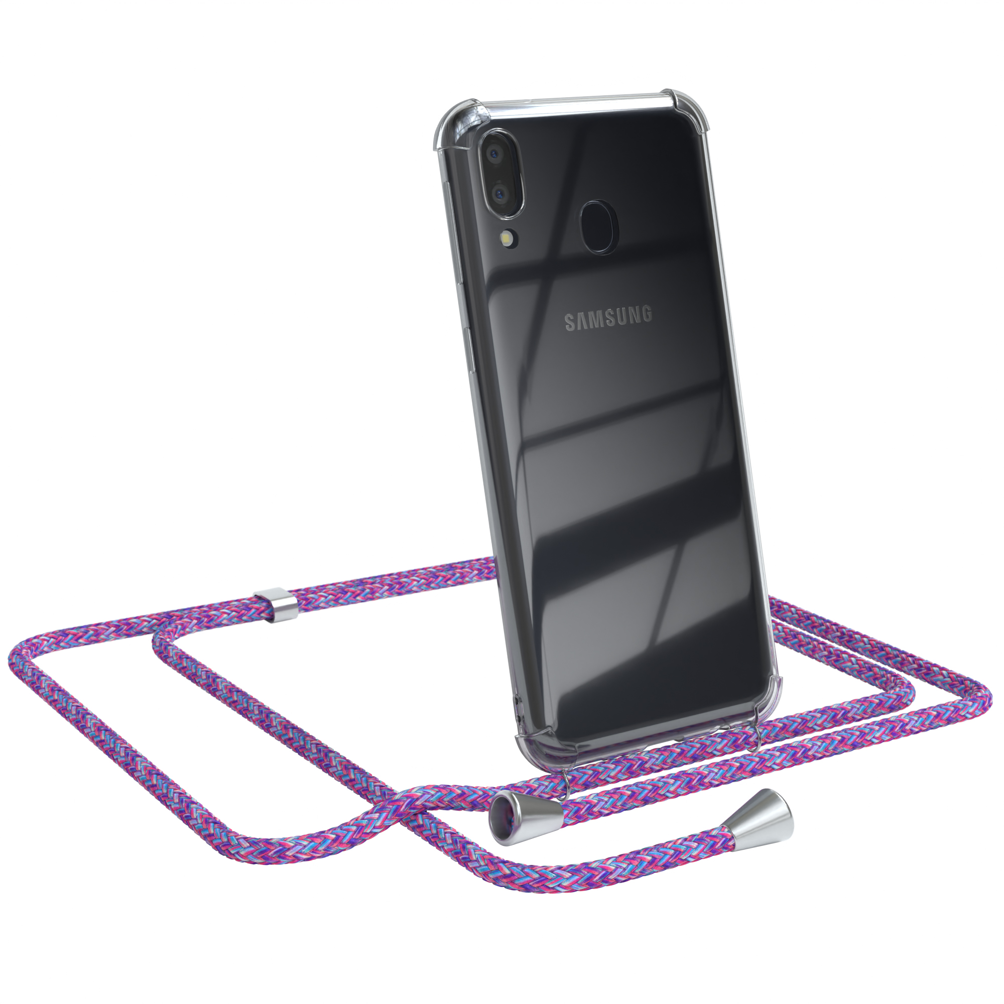 Transparente Handyhülle mit pinkfarbenem Kordel. Samsung-Handy mit zwei Kameras.