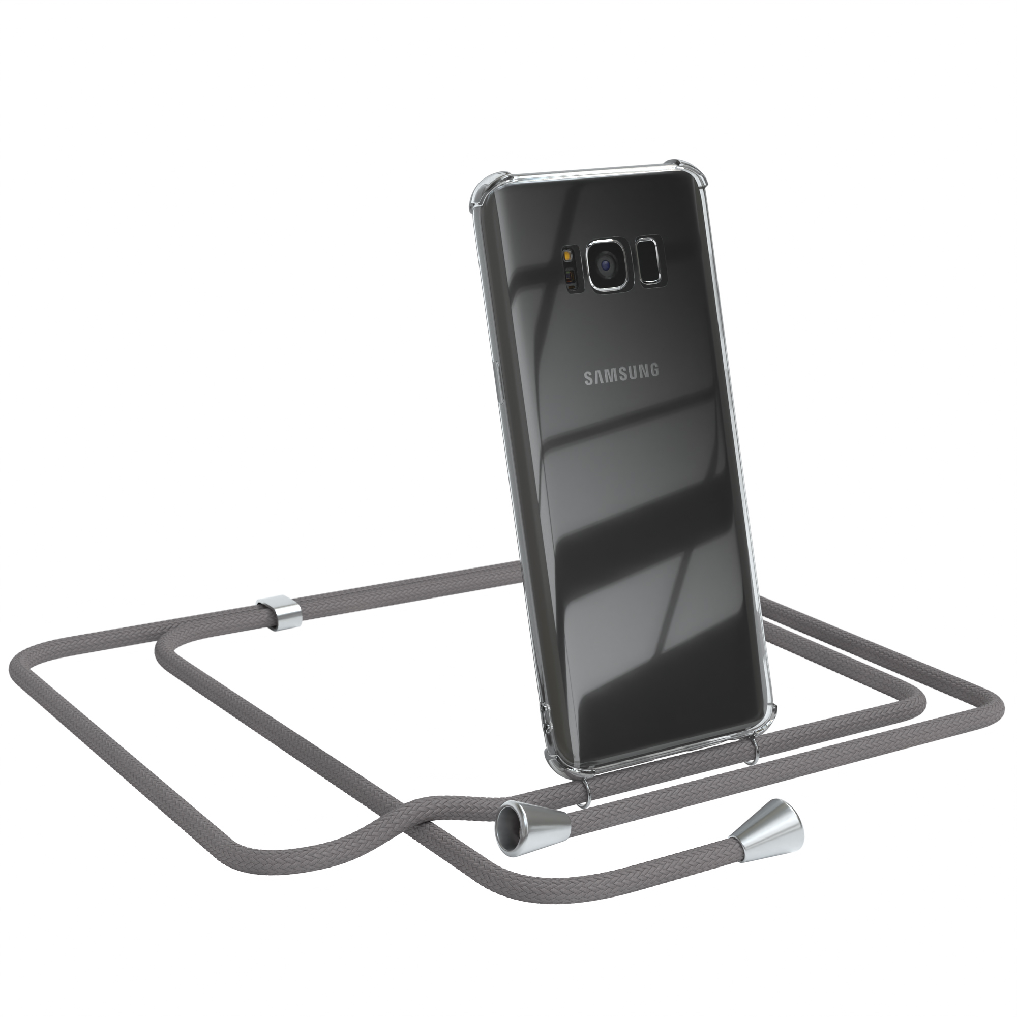 Klare Handyhülle mit grauem Lanyard. Ein Samsung-Telefon befindet sich in der Hülle.