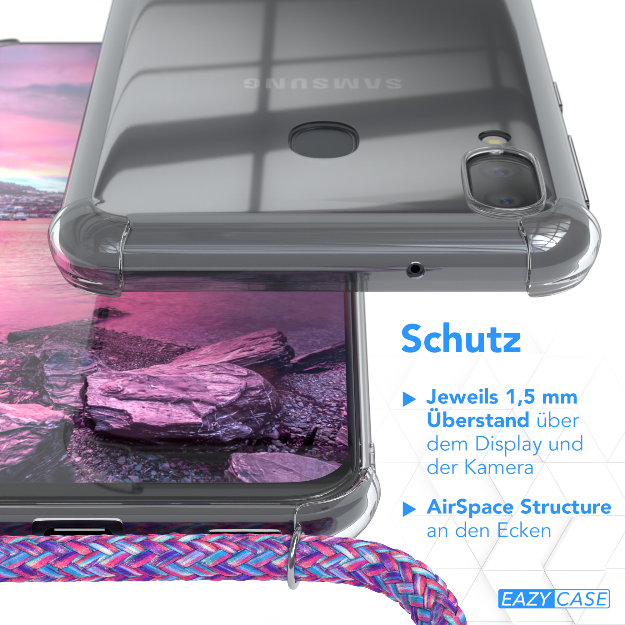 Nahaufnahme einer Handyhülle mit buntem Riemen. Text über Schutzfunktionen vorhanden.