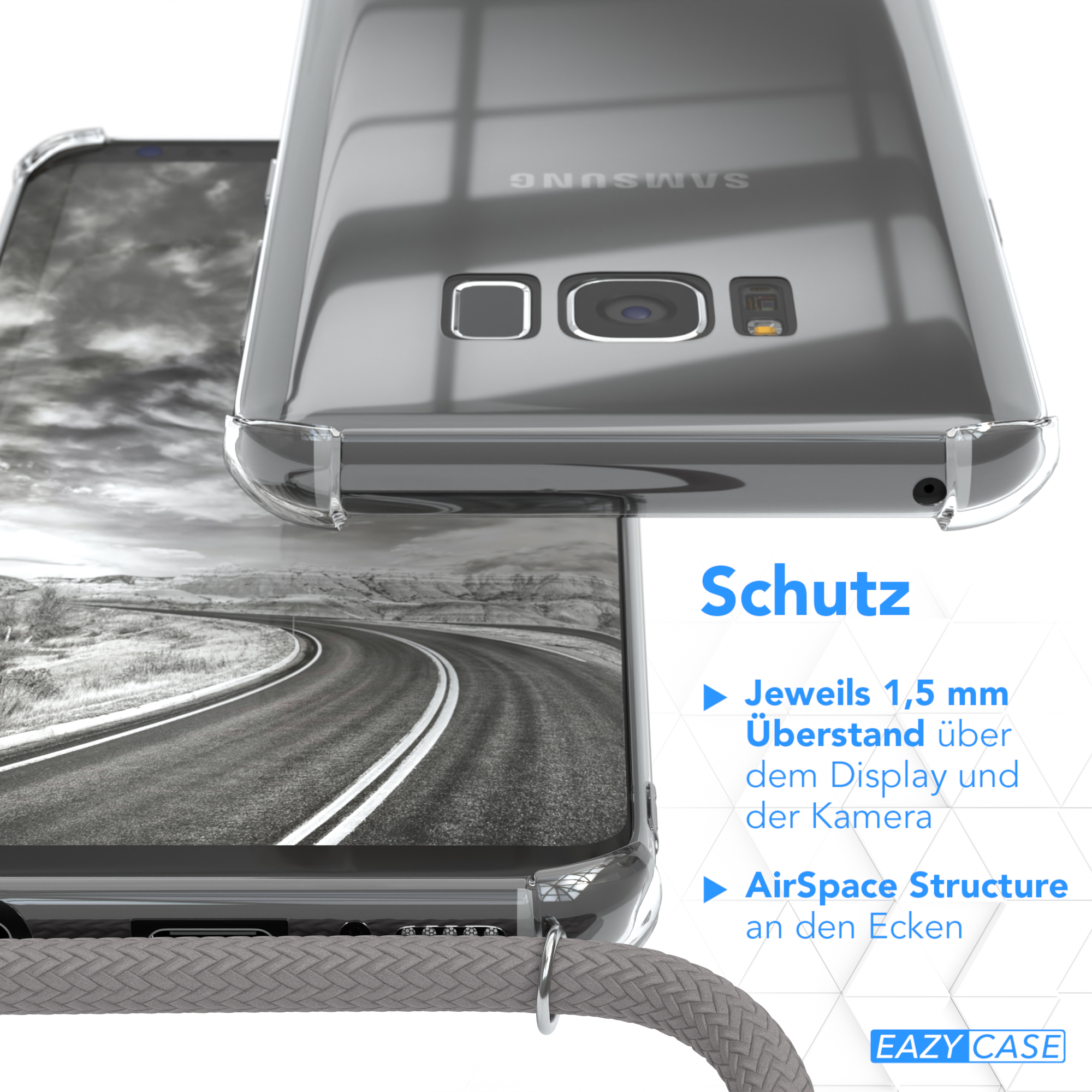 Transparente Handyhülle mit Schutzdetails. Nahaufnahme der Hülle mit grauem Band.