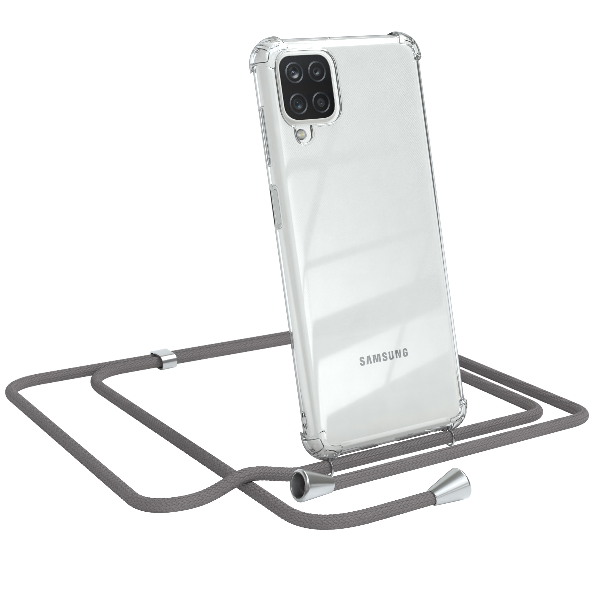 Transparente Handyhülle mit grauem Umhängeband. Das Telefon zeigt ein Samsung-Logo.