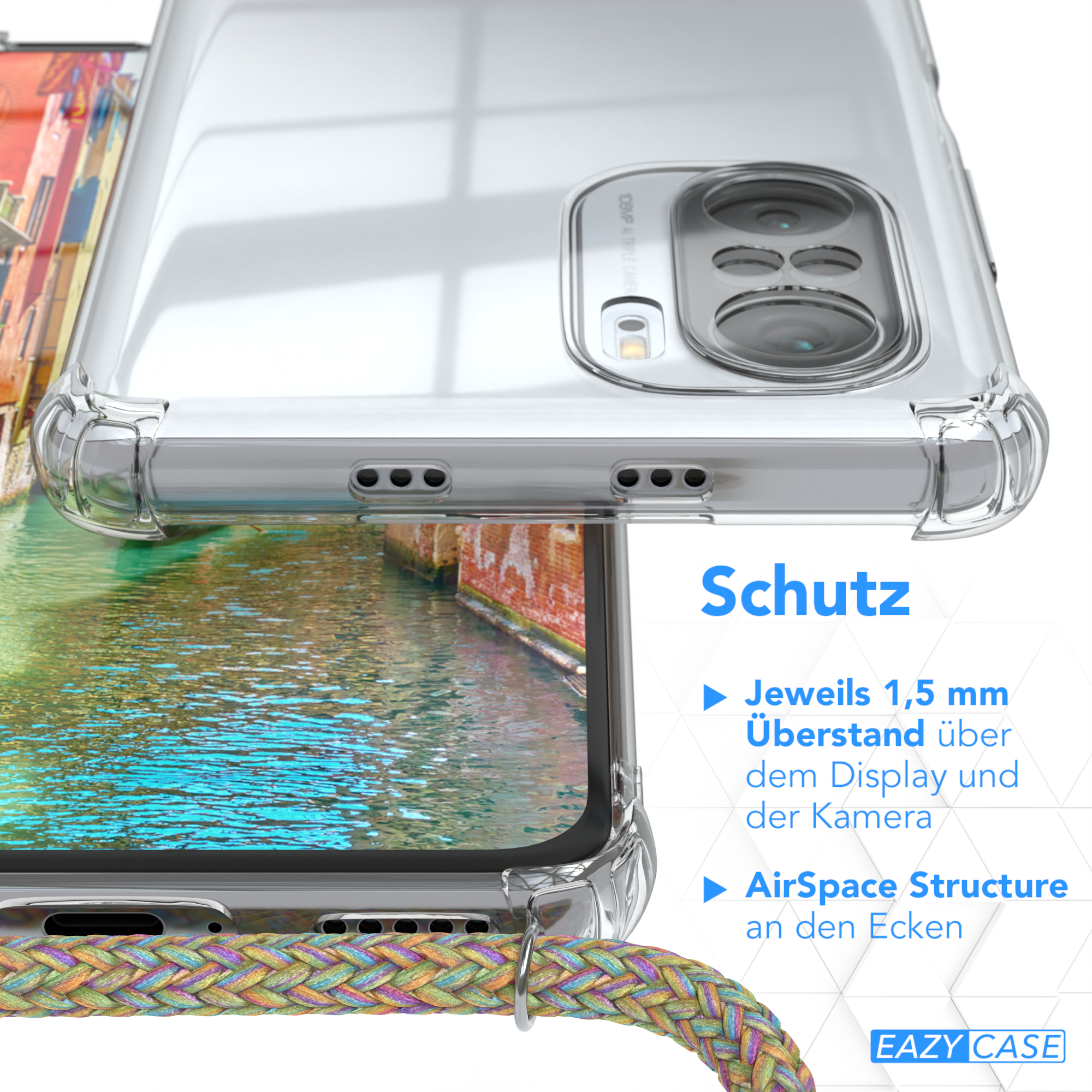 Nahaufnahme einer Handyhülle mit Text über Schutzfunktionen und dem Markenlogo.