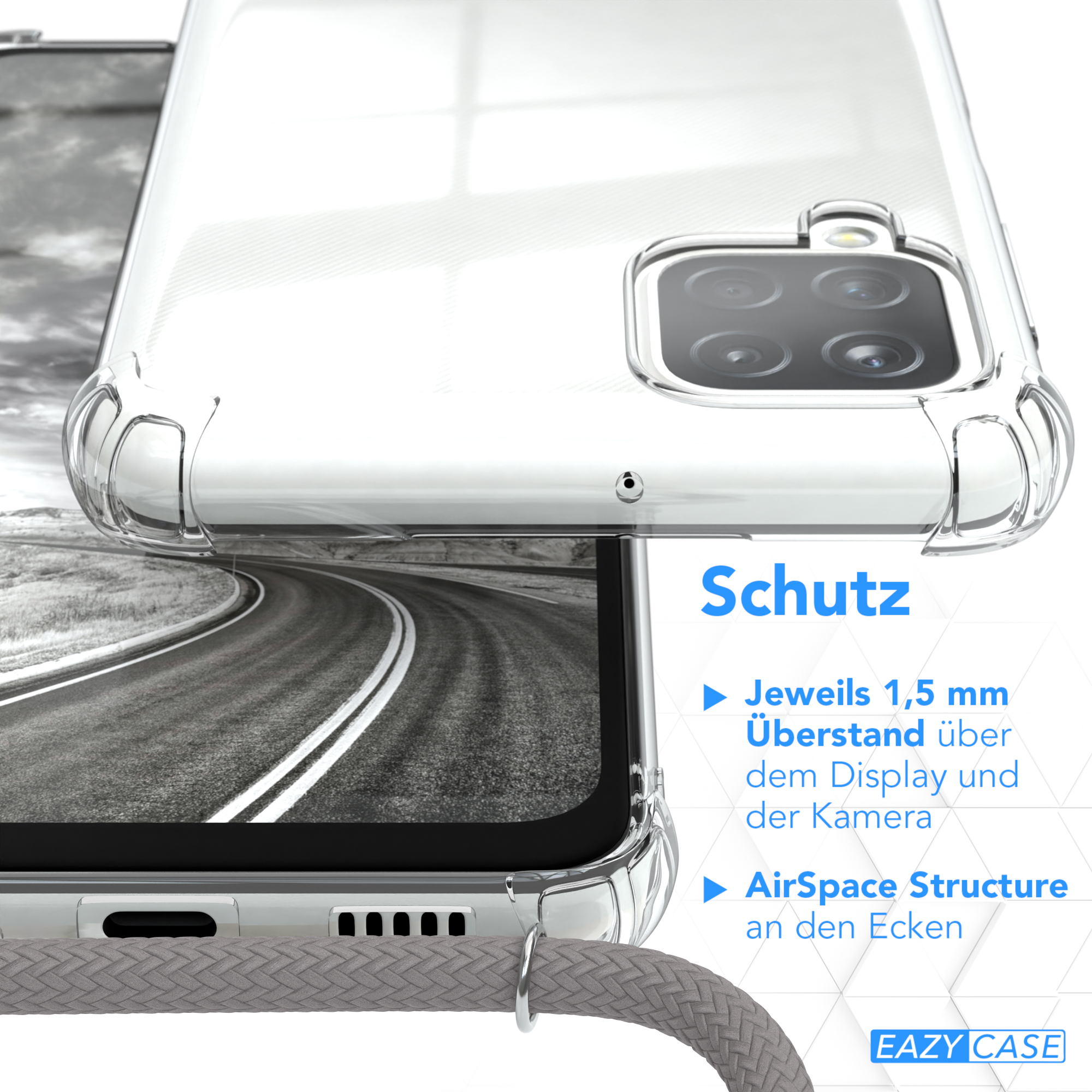 Transparente Handyhülle mit Text über Schutzfunktionen und Kabel. Hintergrund zeigt eine Straße.