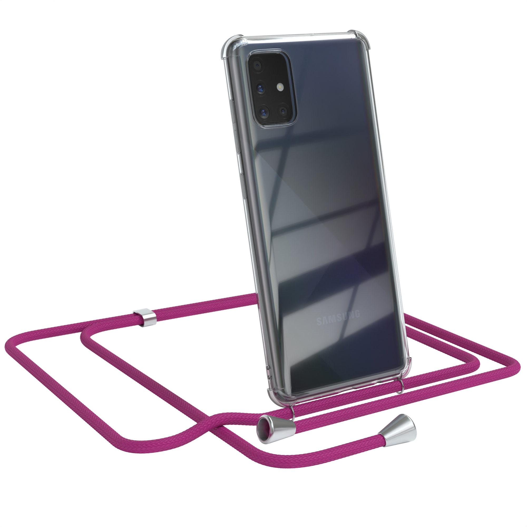 Ein Telefon in einer durchsichtigen Hülle mit einem rosa Lanyard. Das Telefon ist abgewinkelt.