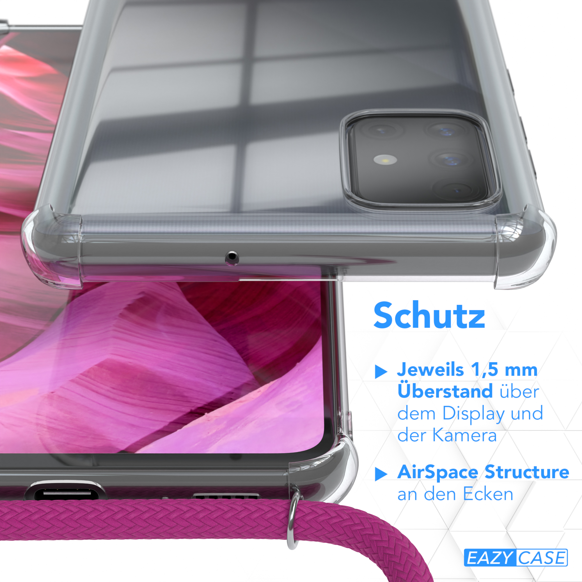 Nahaufnahme einer Handyhülle mit pinkfarbenem Kordel. Die Hülle schützt die Ecken des Telefons, Text im Bild.
