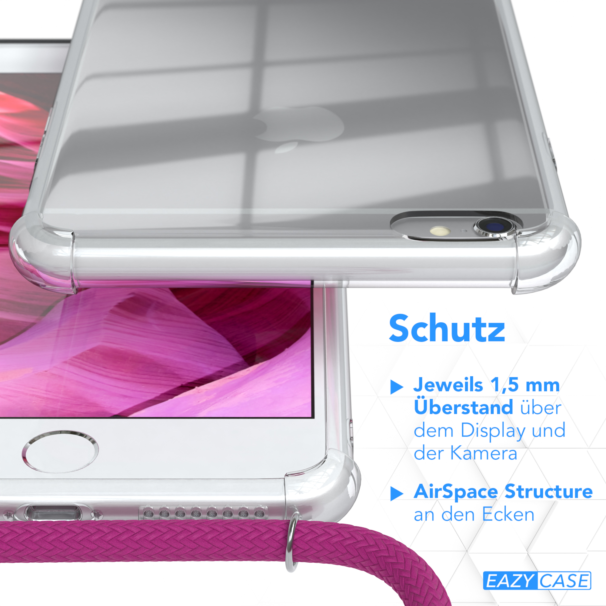 EAZY CASE Clear Cover mit Plus, 6 6S Plus Umhängetasche, / Apple, Umhängeband, iPhone Silber Pink / Clips