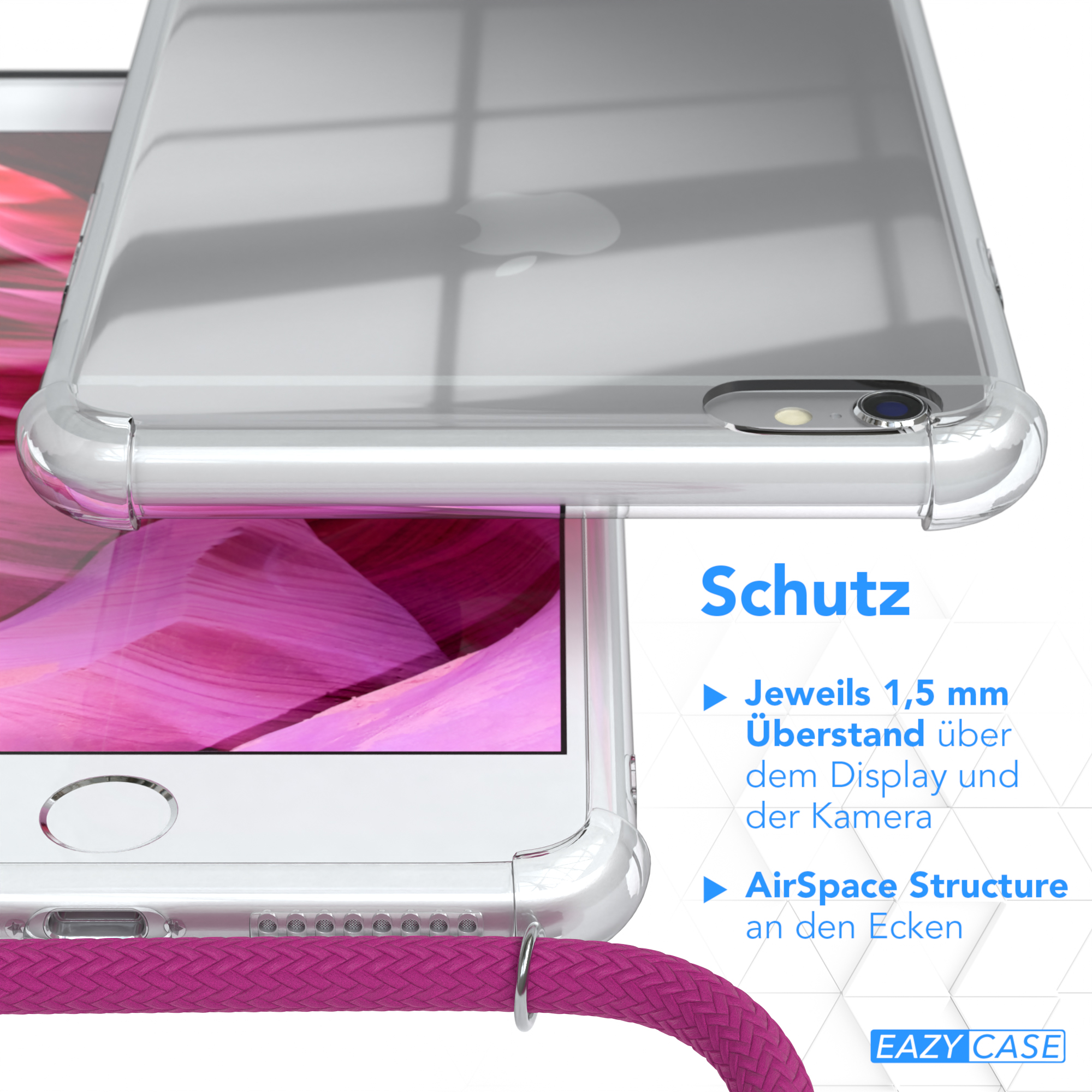 Nahaufnahme einer Handyhülle mit Merkmalen und Text über den Schutz.