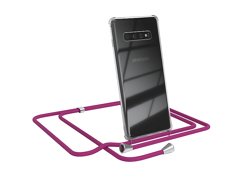 EAZY CASE Clear Cover mit Umhängeband, Umhängetasche, Samsung, Galaxy S10 Plus, Pink / Clips Silber