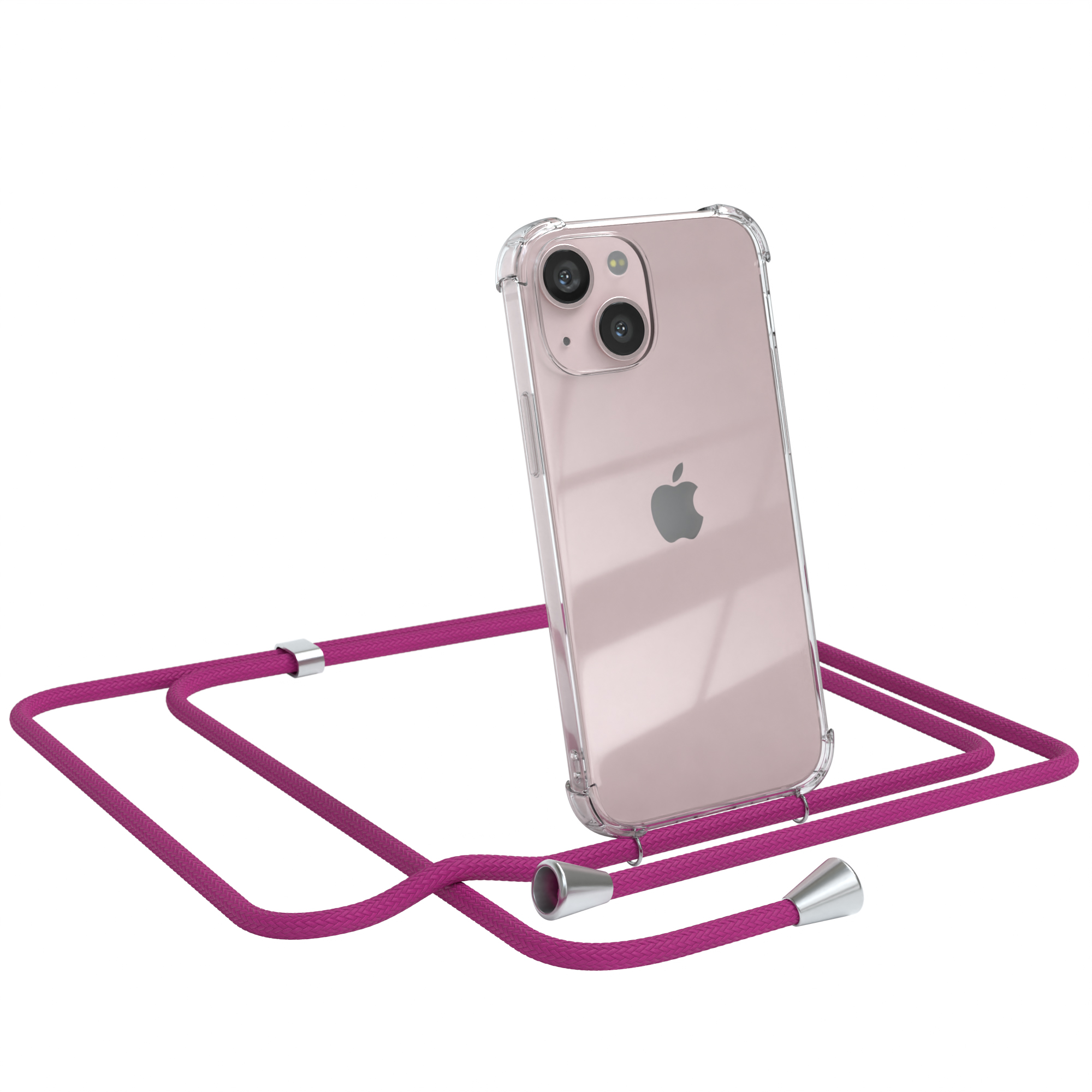 Ein Apple iPhone in einer transparenten Hülle mit einer pinkfarbenen Kordel. Die Kordel hat silberne Akzente.