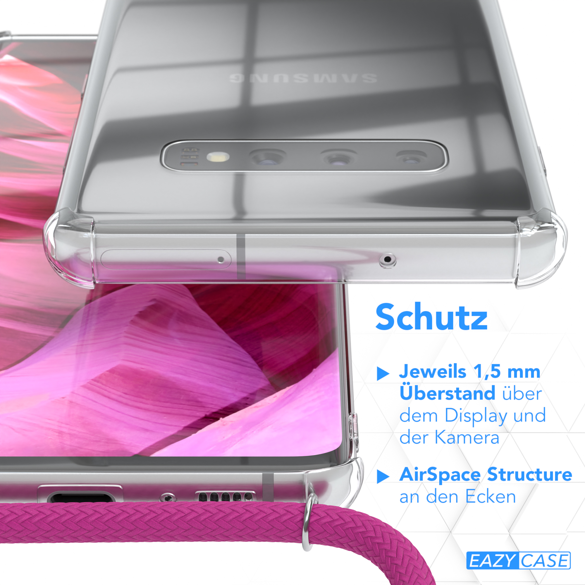 EAZY CASE Umhängeband, Plus, Clips / Umhängetasche, Pink Samsung, Cover Galaxy mit Silber S10 Clear