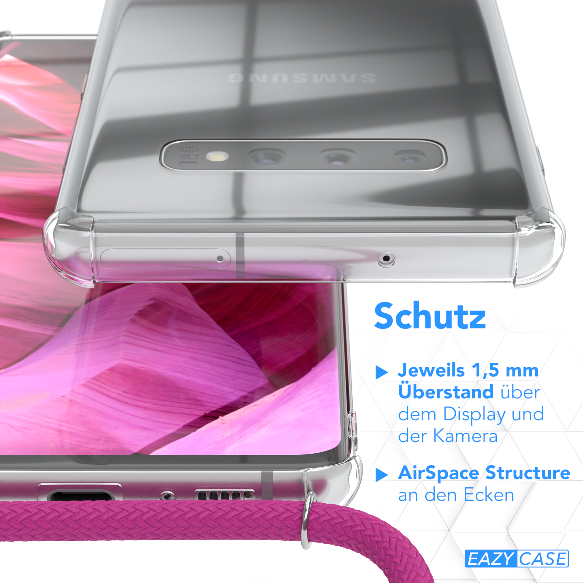 Eine Handyhülle mit einem Telefon darin. Die Hülle ist transparent und hat Schutzfunktionen. Der Hintergrund zeigt ein Feld.