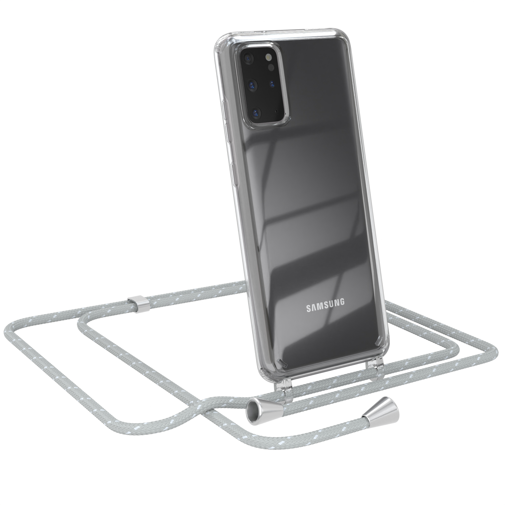 Transparente Handyhülle mit grau-weißem Umhängeband. Samsung-Telefon abgewinkelt.