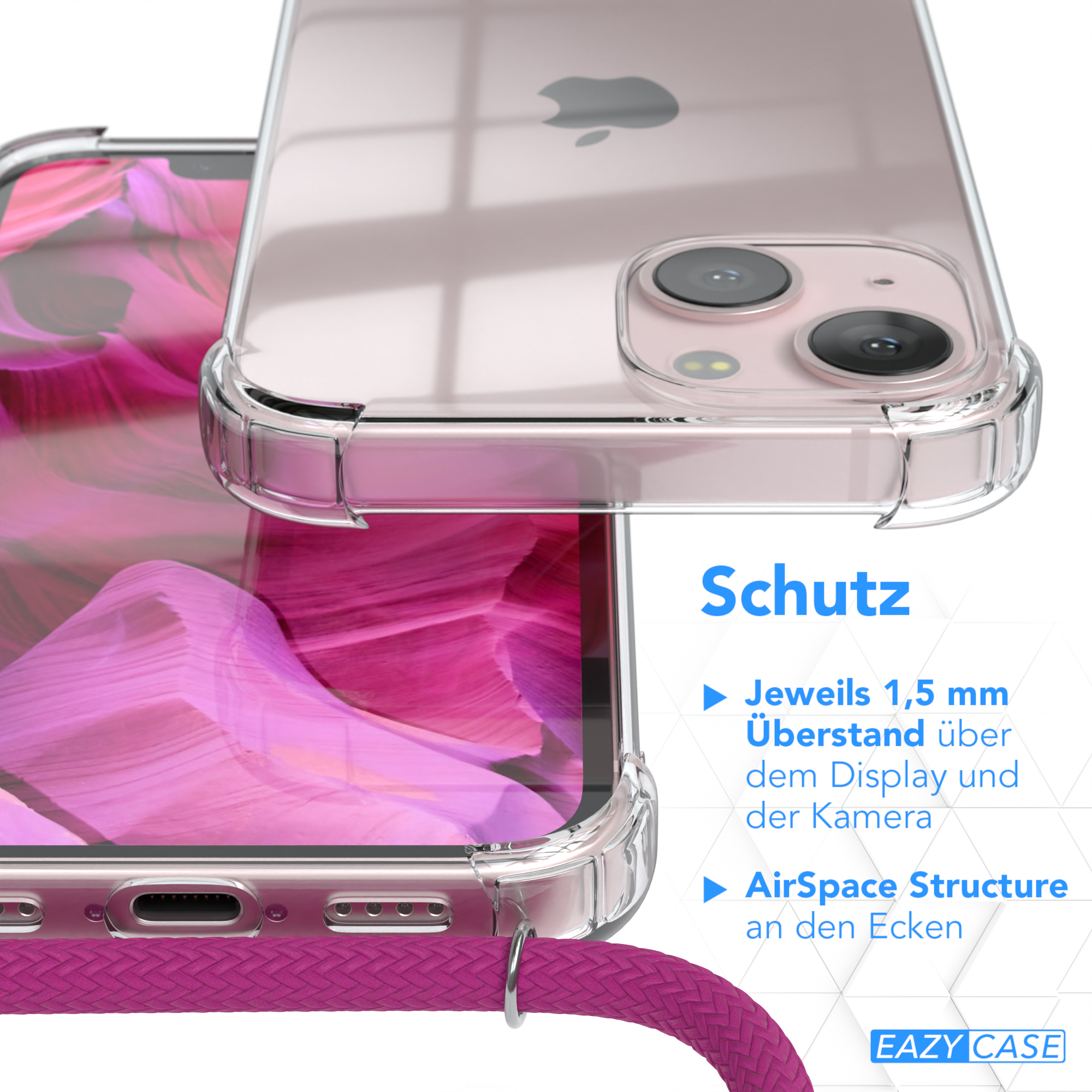 Transparente Handyhülle über pinkem Hintergrund, mit magentafarbenem Telefonband und Text.