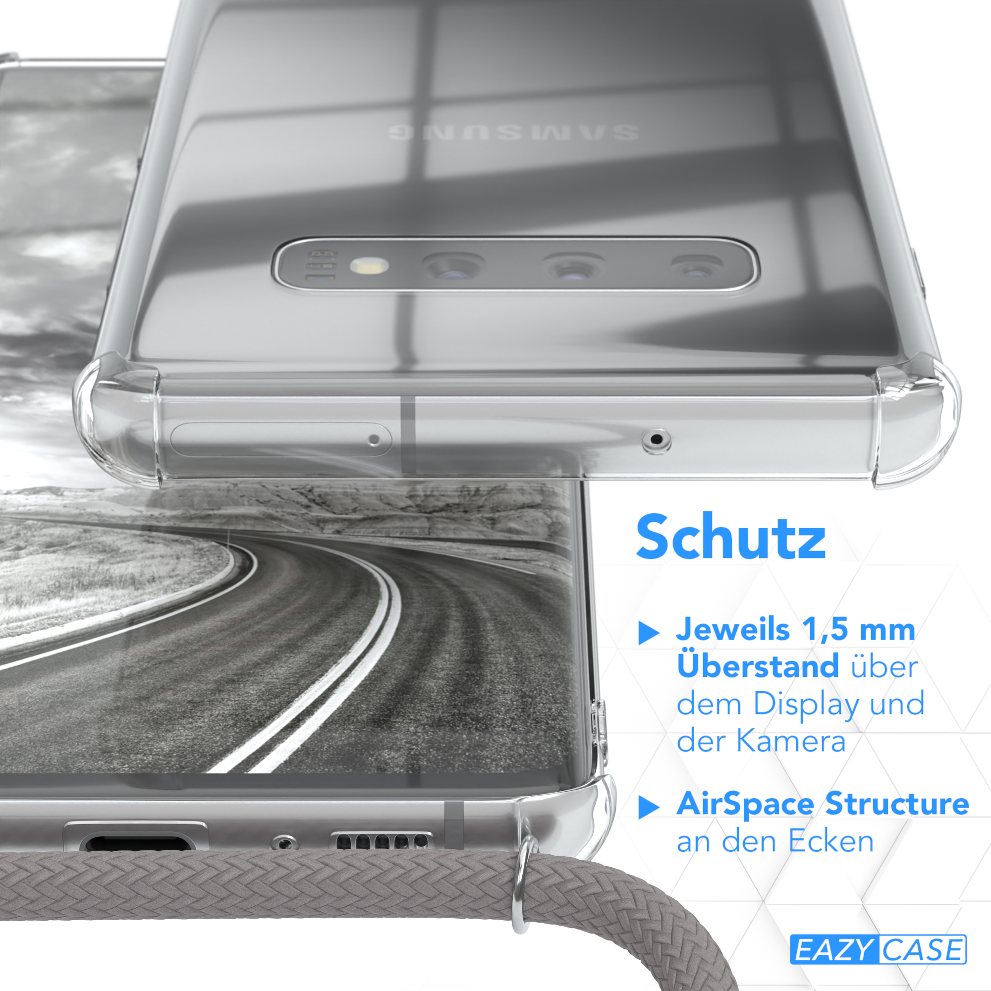 Transparente Handyhülle, Nahaufnahme, mit Text zur Beschreibung der Funktionen.