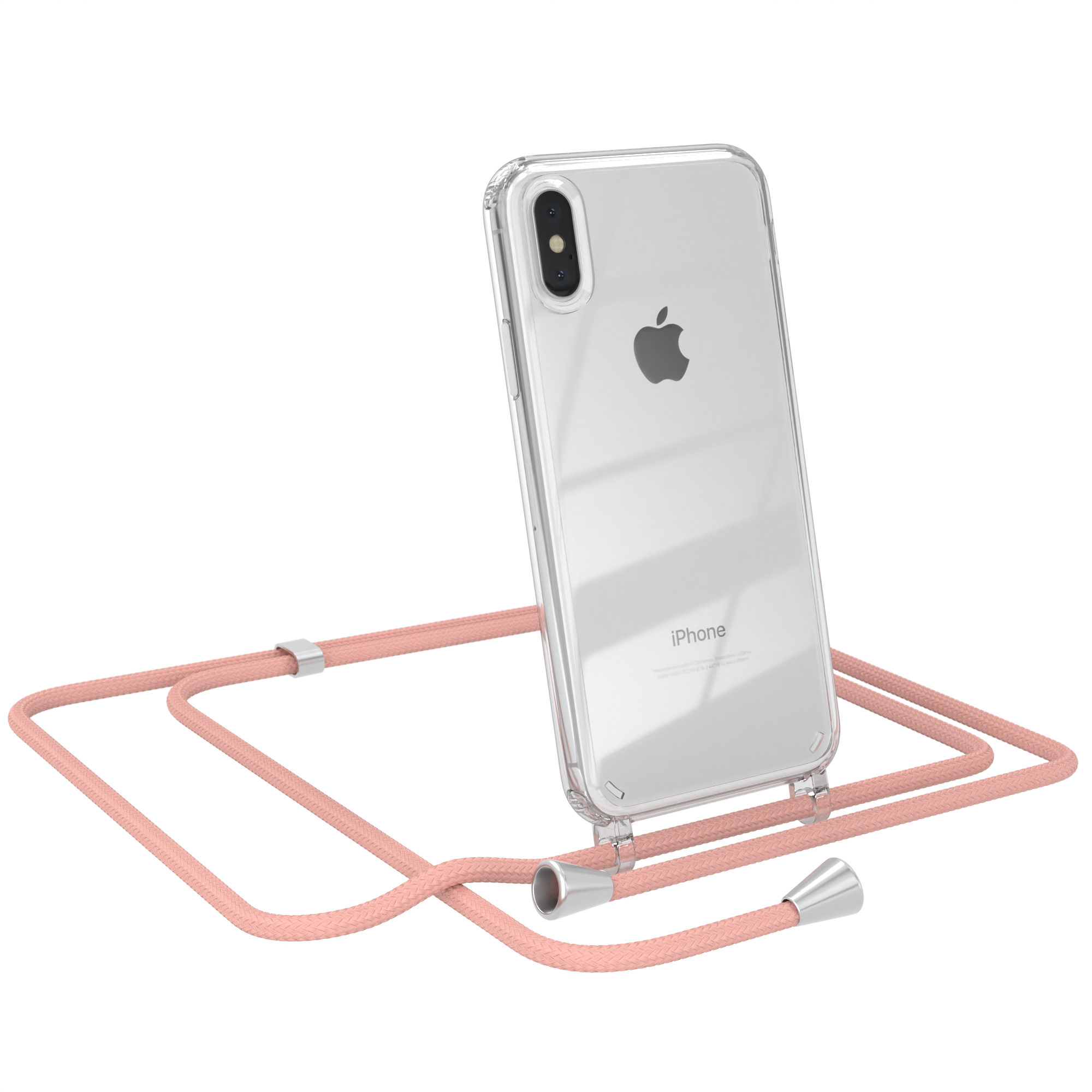 Klares iPhone mit rosa Kordelgehäuse. Das Telefon ist vor weißem Hintergrund abgewinkelt.