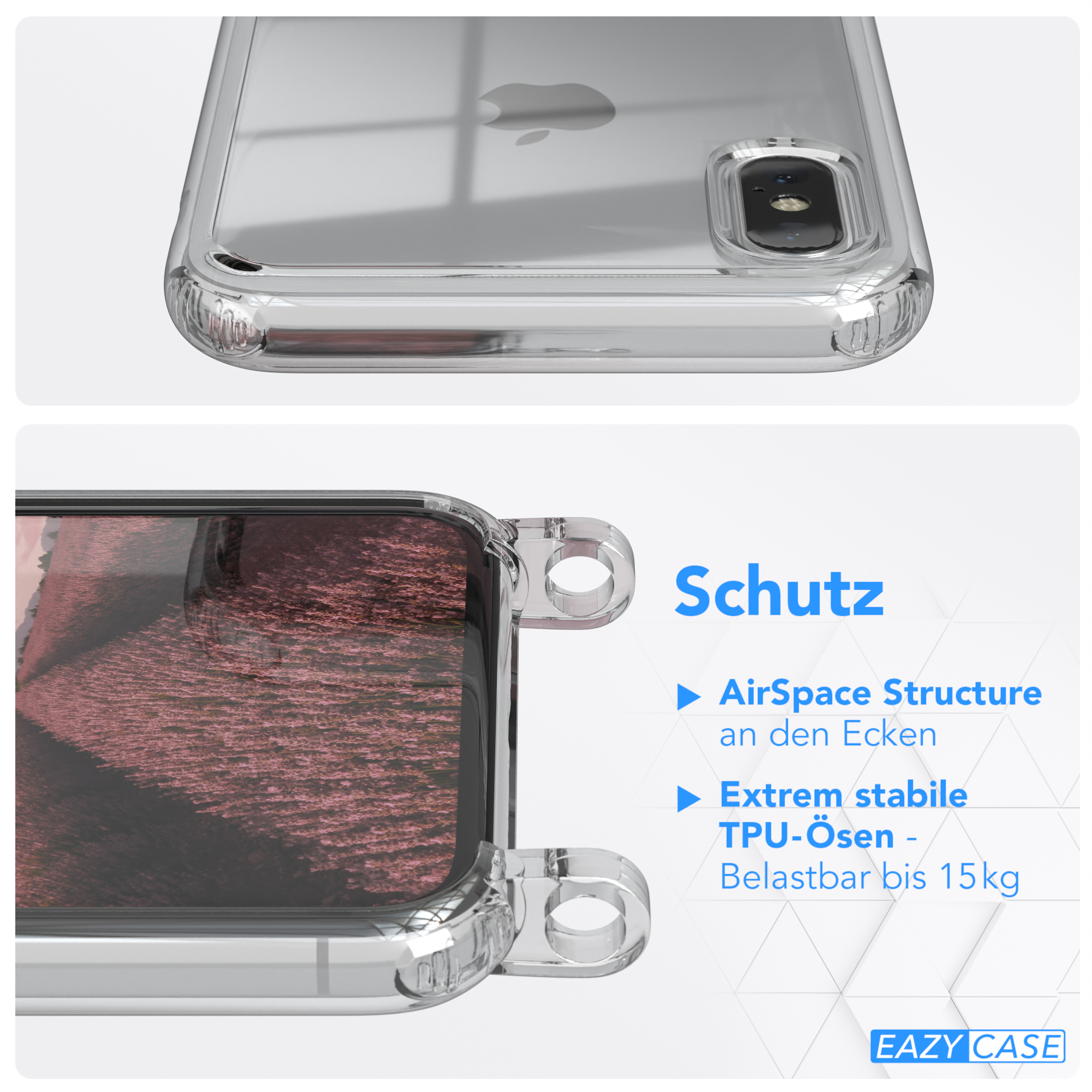 Transparente Handyhülle mit Schutzmerkmalen: AirSpace-Struktur, TPU, 15 kg Belastbarkeit.