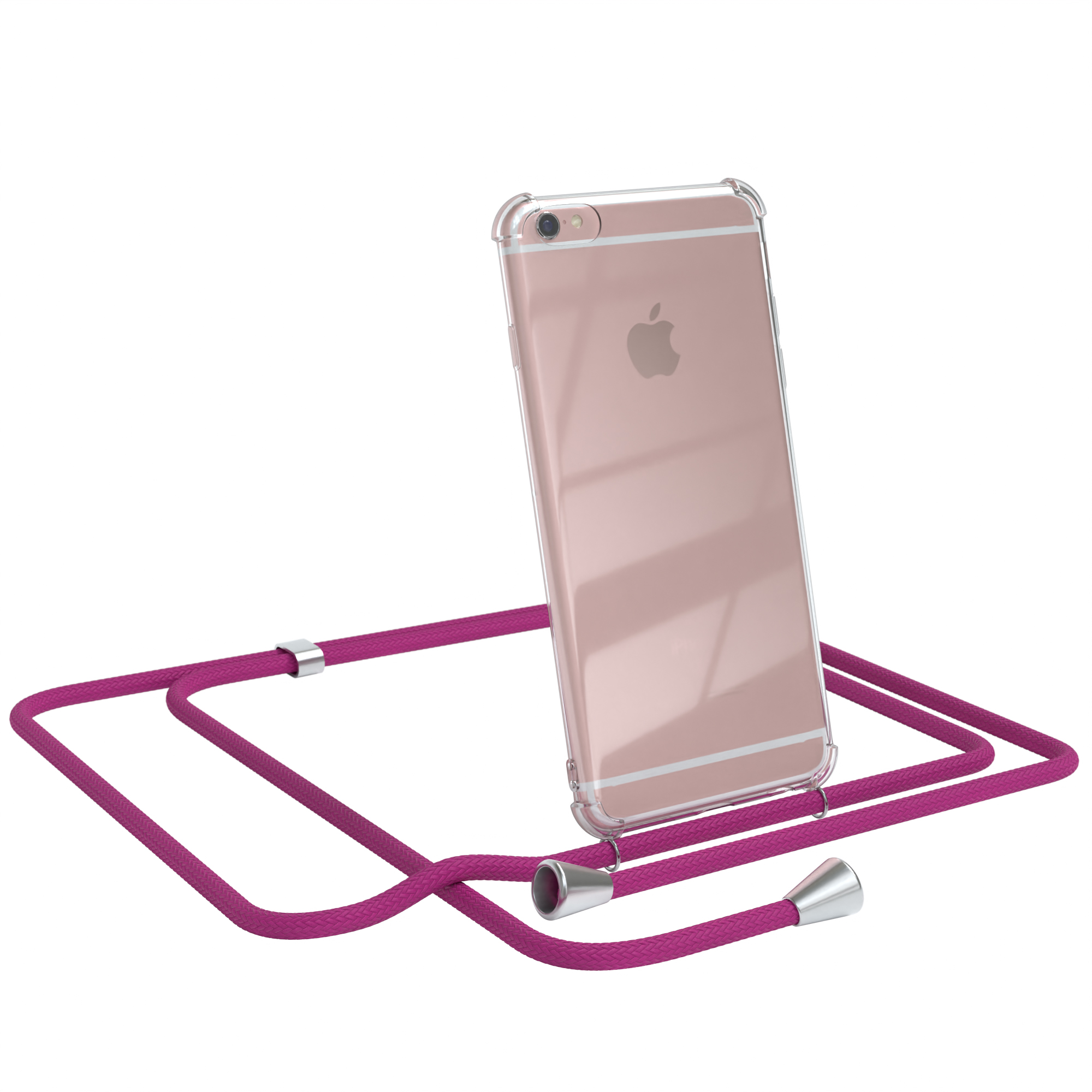 Transparente Handyhülle mit magenta Umhängeband. Apple-Logo sichtbar.