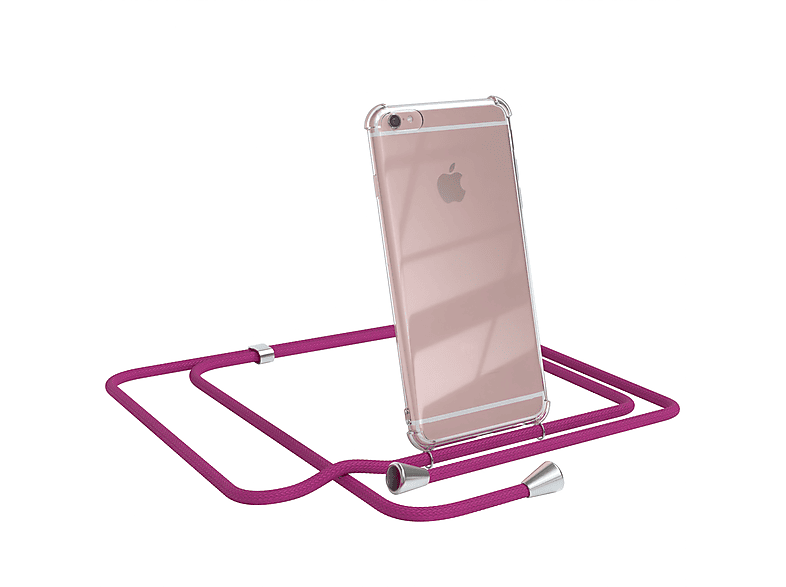 EAZY CASE Clear Cover mit Umhängeband, Umhängetasche, Apple, iPhone 6 / 6S, Pink / Clips Silber