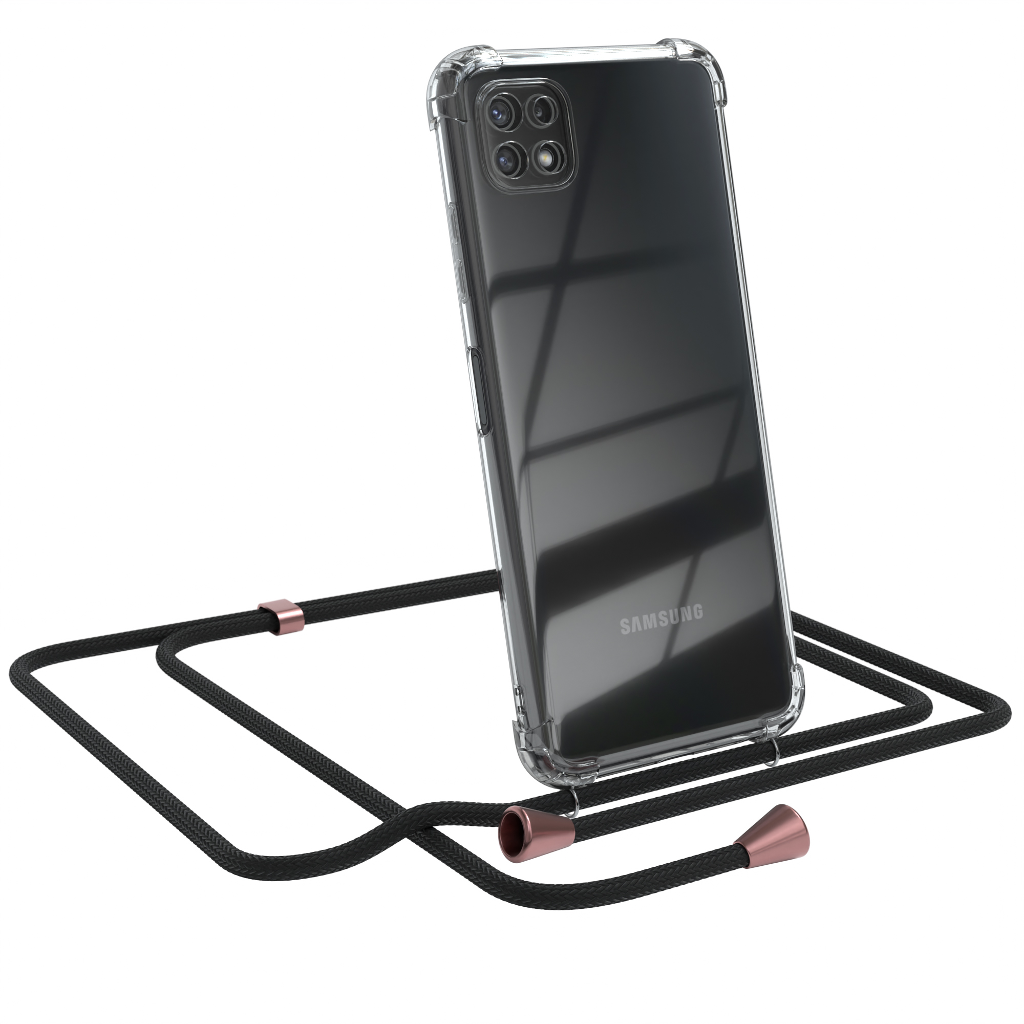 Ein Telefon in einer durchsichtigen Hülle mit einem schwarzen Lanyard. Das Telefon ist abgewinkelt.