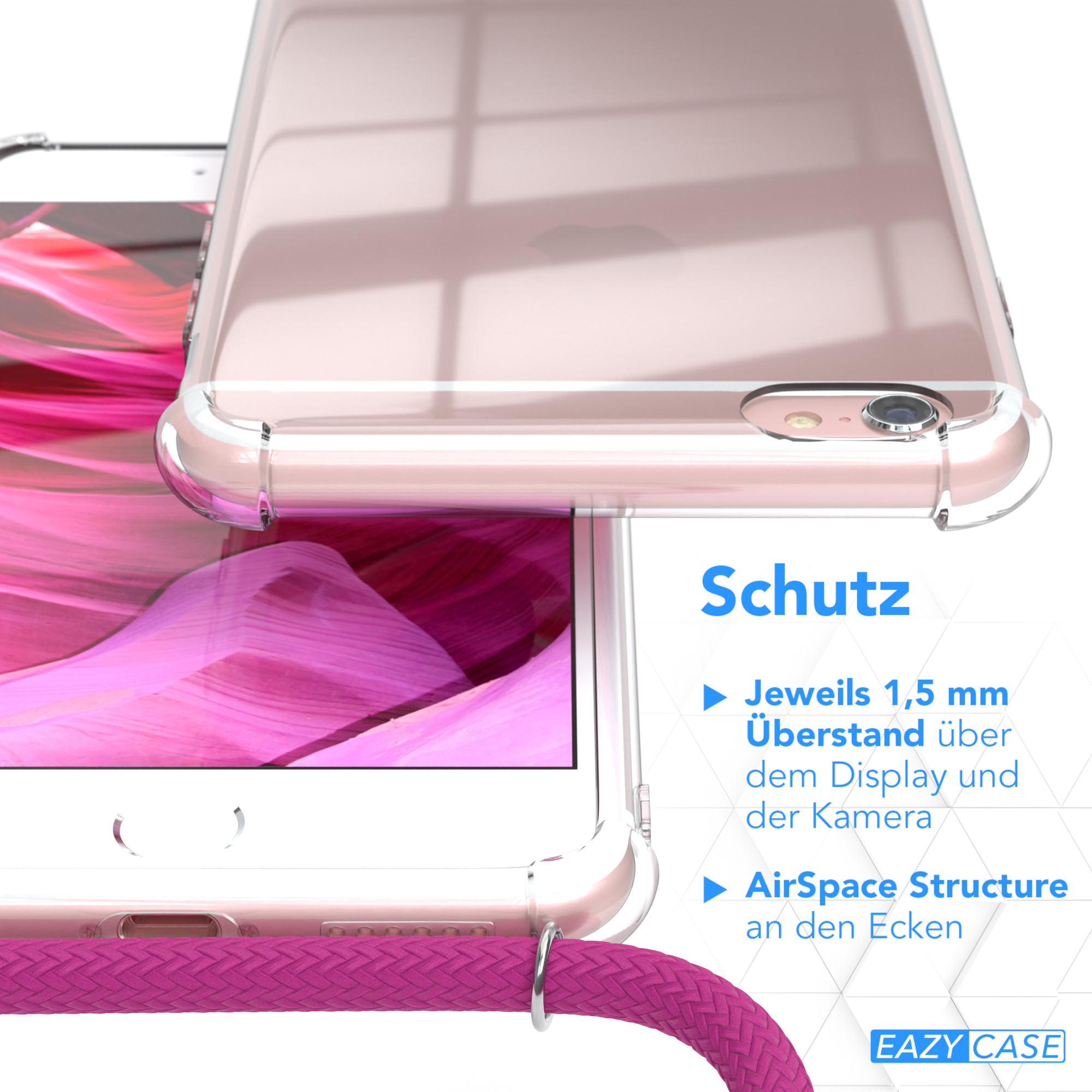 Transparente Handyhülle über einem rosa Telefon. Text: Schutz. Eigenschaften: 1,5 mm Displayschutz.