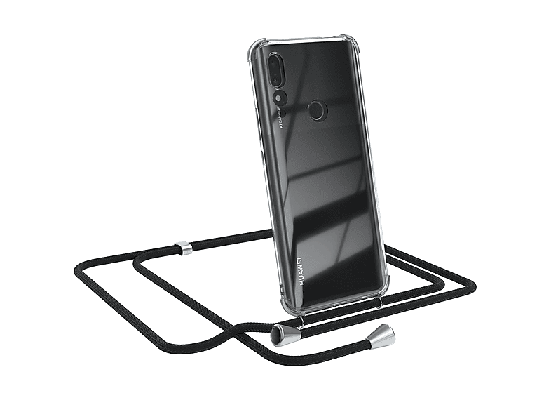 EAZY CASE Clear Cover mit Umhängeband, Umhängetasche, Huawei, P Smart Z / Y9 Prime (2019), Schwarz / Clips Silber