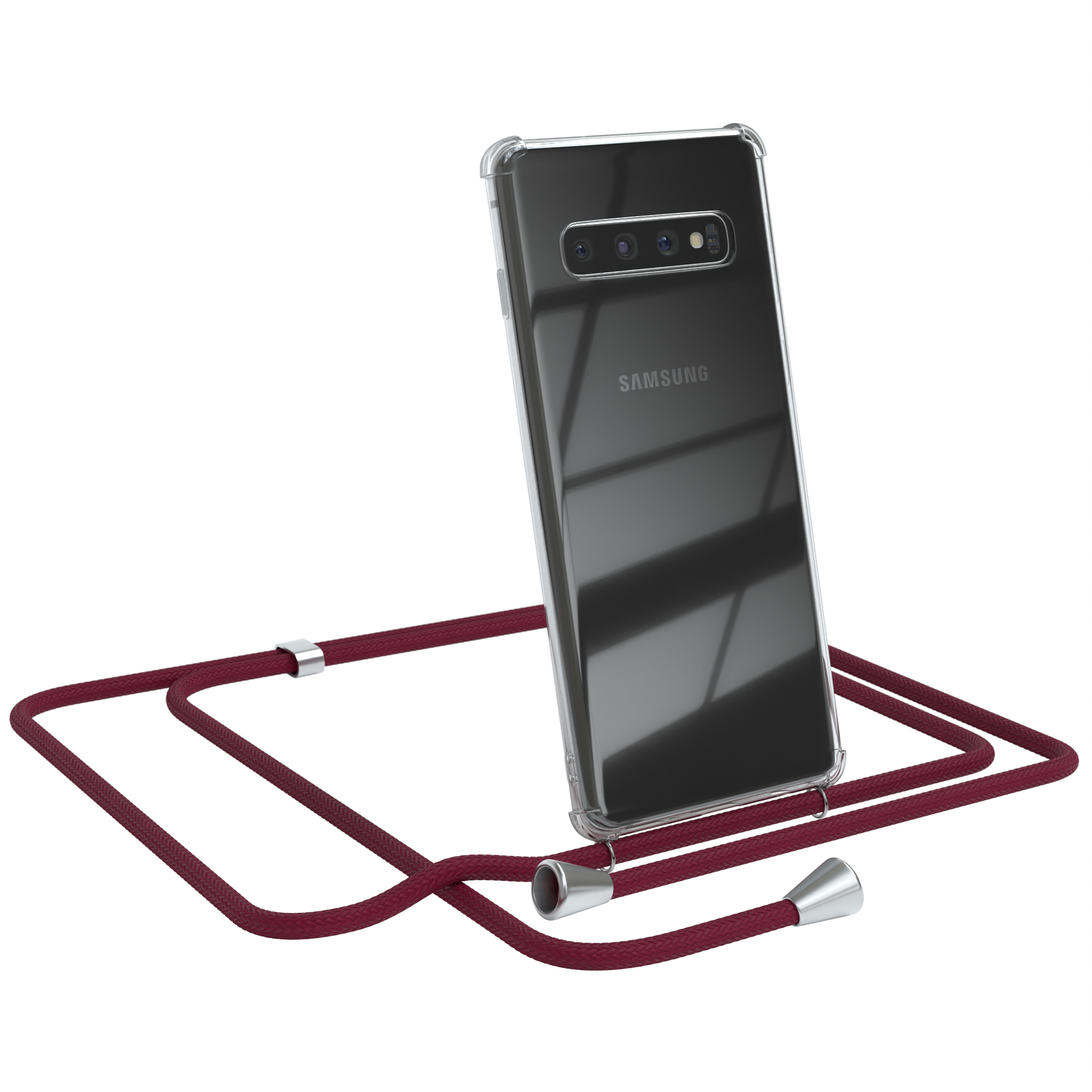 Transparente Handyhülle mit weinrotem Umhängeband. Samsung-Logo sichtbar. Das Telefon ist schwarz. Lanyard hat silberne Akzente.