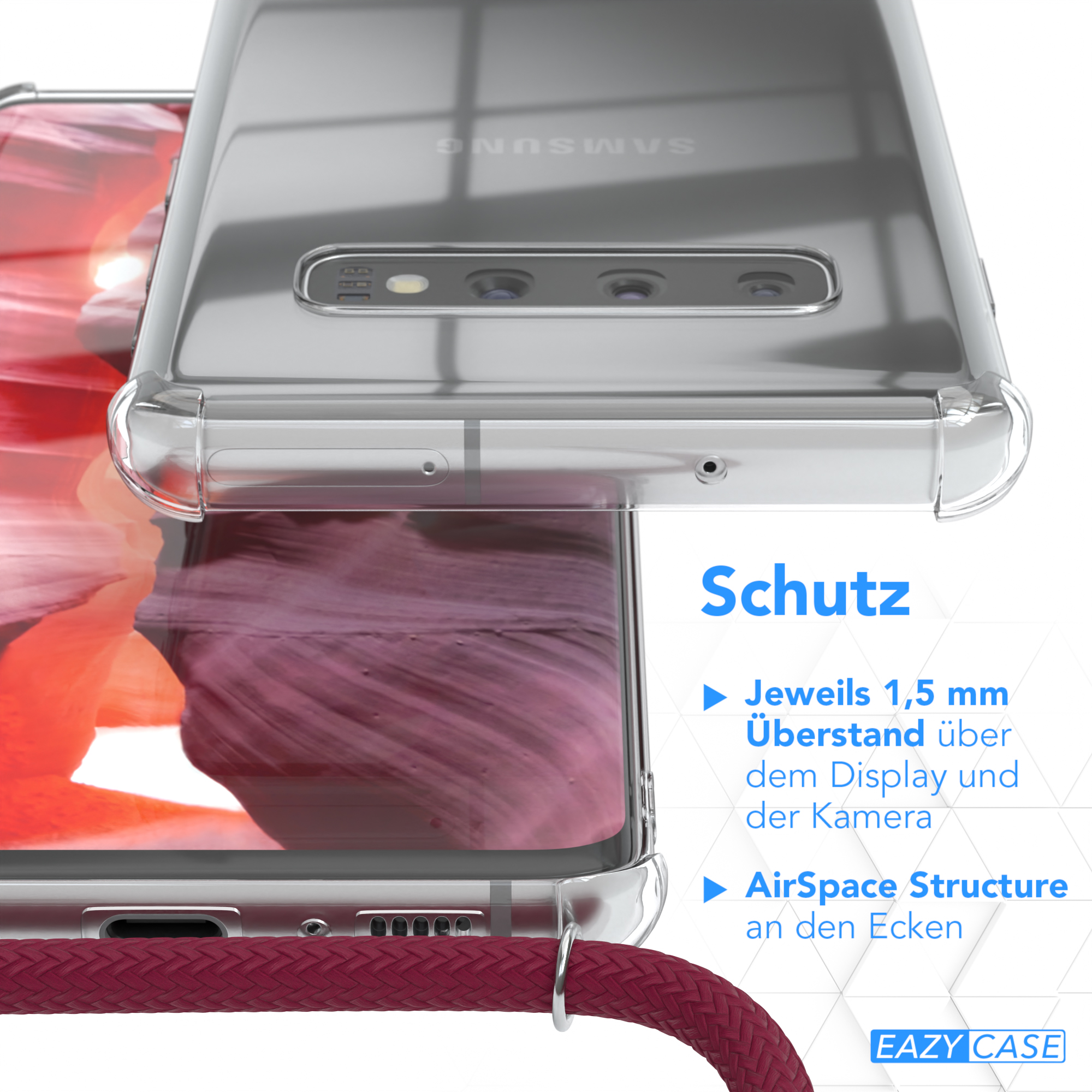 Nahaufnahme der Handyhülle mit Funktionen: 1,5 mm Displayüberstand, AirSpace-Struktur.