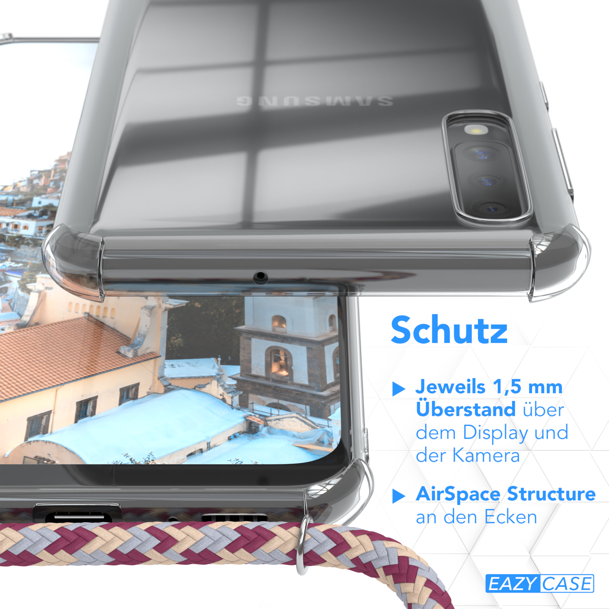 Nahaufnahme einer Handyhülle mit Telefon, zeigt Schutz an Rändern und Kamera.