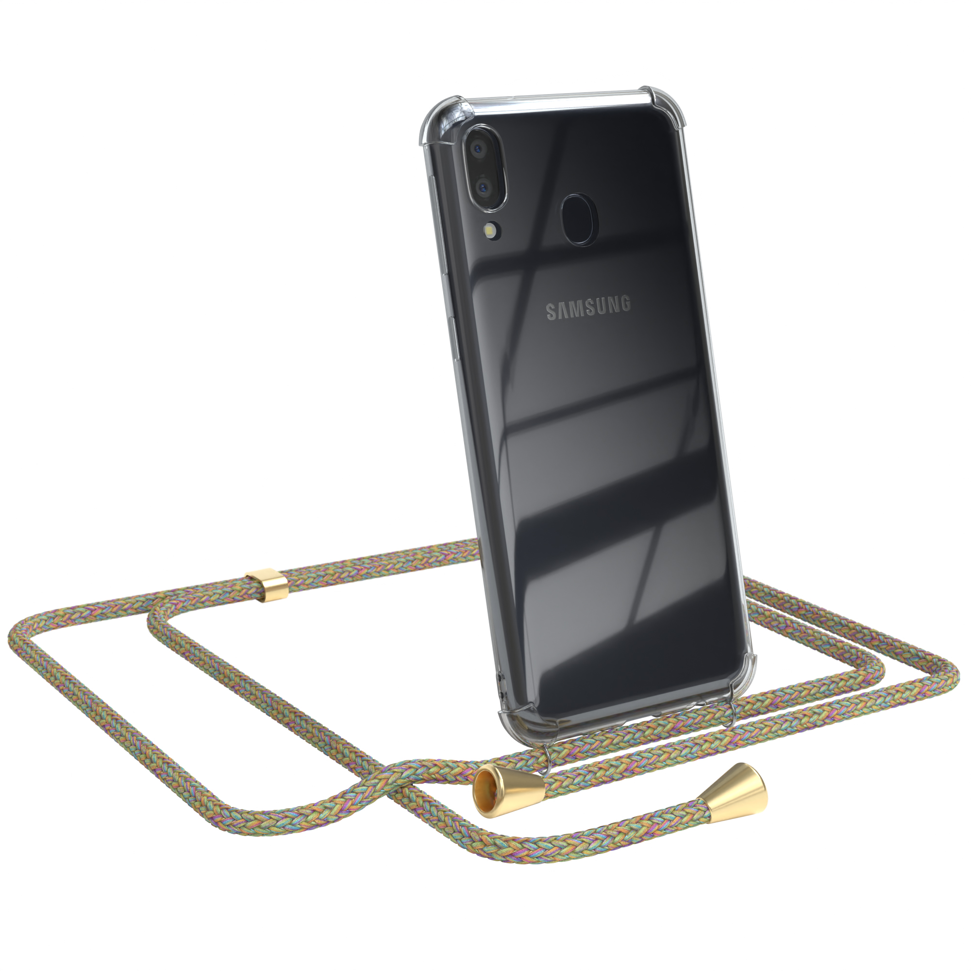 EAZY CASE Clips mit / Umhängetasche, Samsung, Cover Galaxy M20, Umhängeband, Bunt Clear Gold