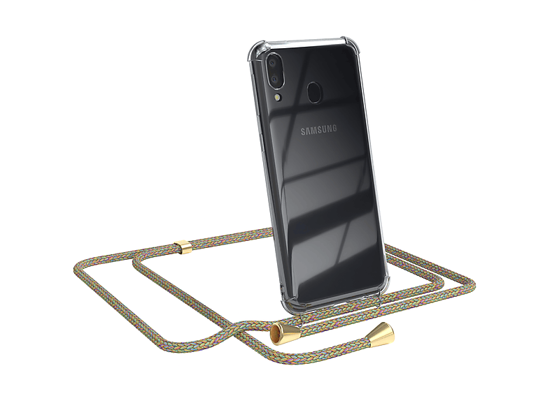 EAZY CASE Clear Cover mit Umhängeband, Umhängetasche, Samsung, Galaxy M20, Bunt / Clips Gold