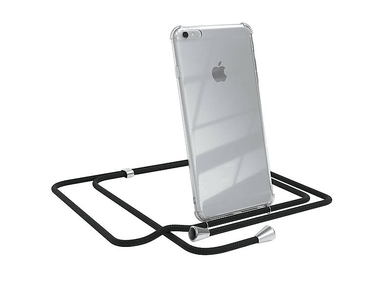 EAZY CASE Clear Cover mit Umhängeband, Umhängetasche, Apple, iPhone 6 Plus / 6S Plus, Schwarz / Clips Silber