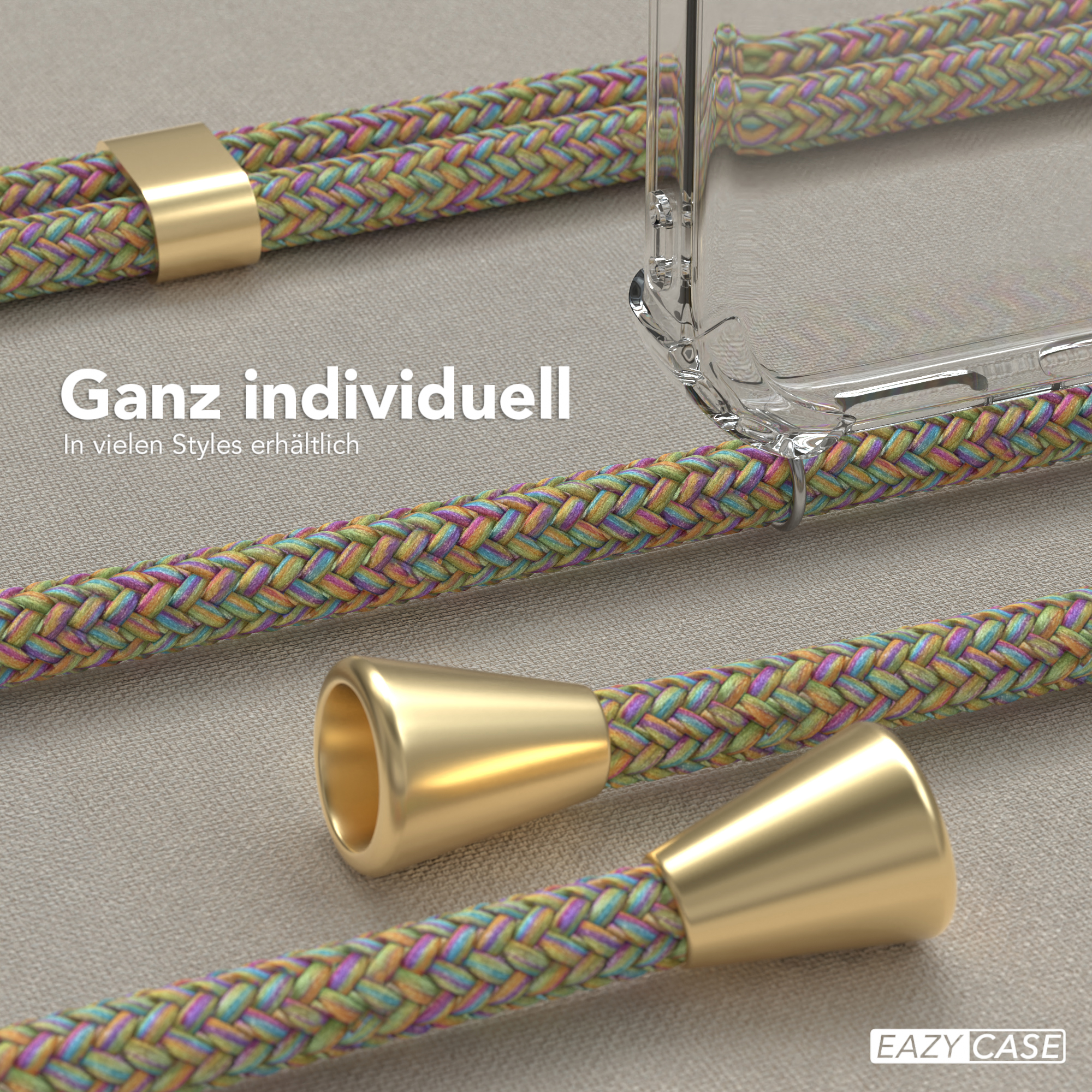 Nahaufnahme von Handyhüllen mit bunten geflochtenen Kordeln und goldenen Akzenten.